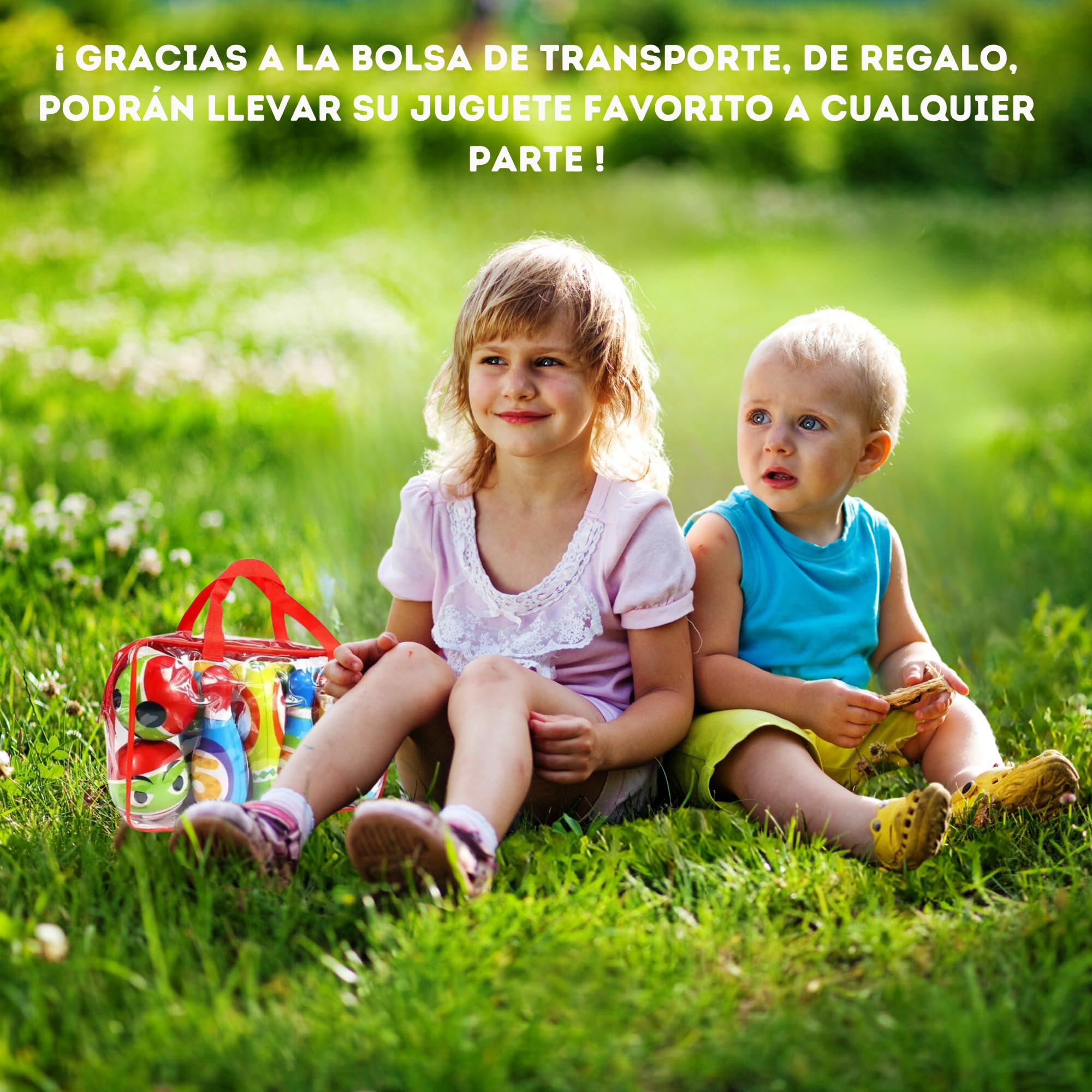 Juego de BOLOS INFANTILES - Juguetes niños 2 años a 4. BLANDO Y SEGURO. 10 Bolos de Gomaespuma de 14cm + 2 Bolas | Incluye Bolsa de Transporte. Para interior y exterior | Regalo niño 2 años a 4 |