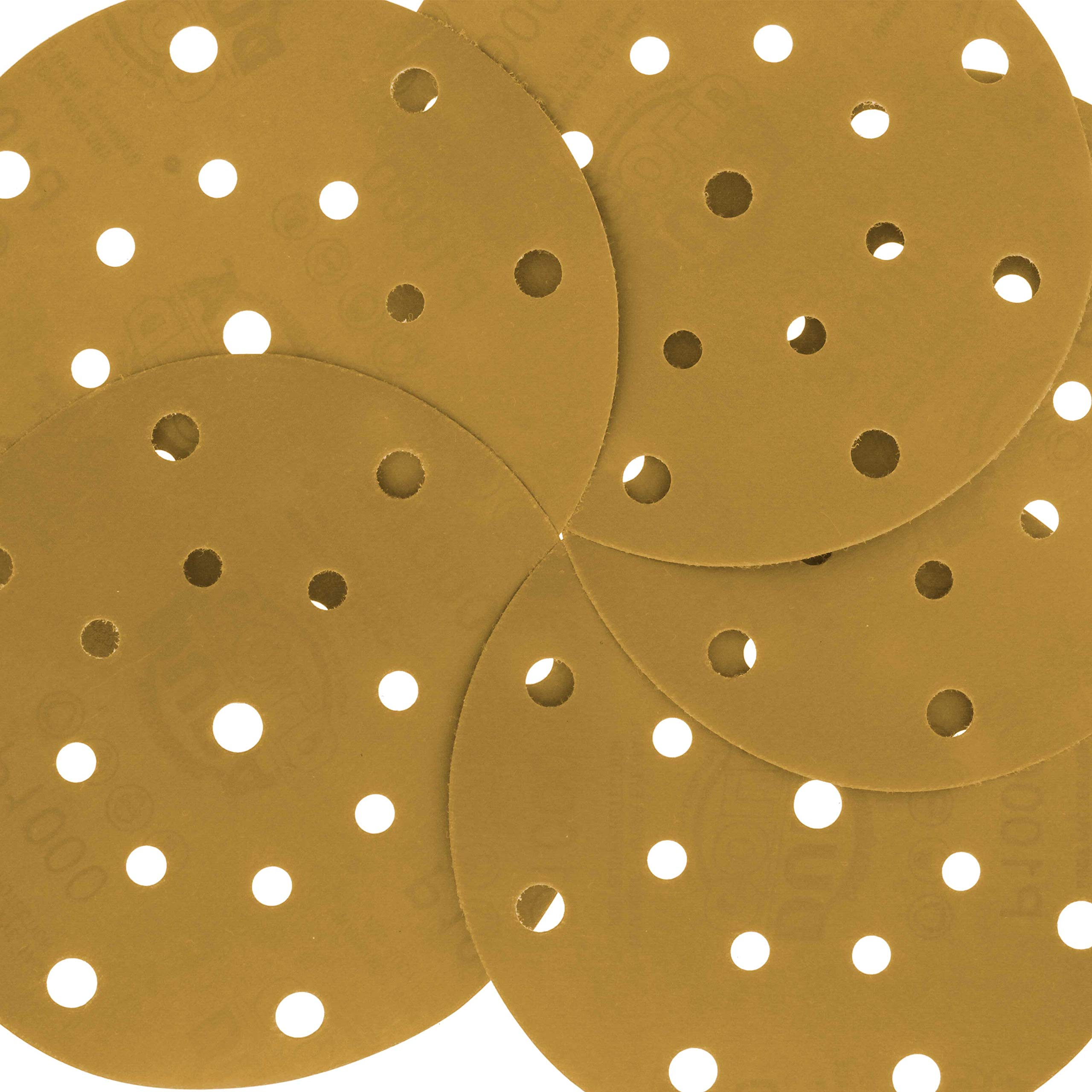 Dura-Gold – Premium – 1000 Grit – 6 discos de lija dorados – 17 agujeros patrón sin polvo gancho y bucle para lijadora DA, caja de 50 discos de papel de lija de acabado para carpintería o automoción