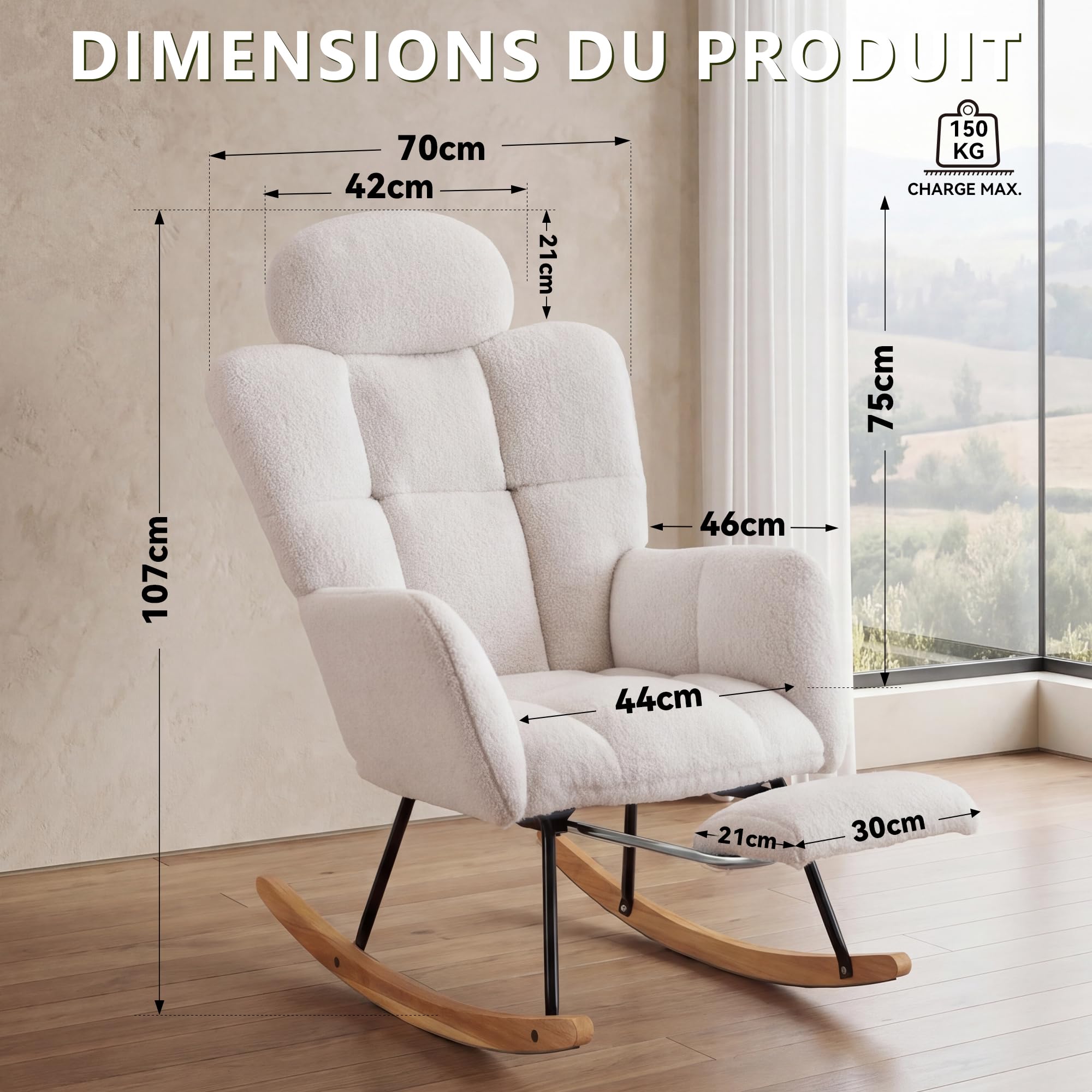 DEKKETO Fauteuil à Bascule - Rocking Chair avec Appui-tête & Repose-Pieds, Fauteuil Relax Scandinave en Tissu Bouclette, pour Salon, Allaitement, Chambre, Pieds en Bois Massif, Blanc