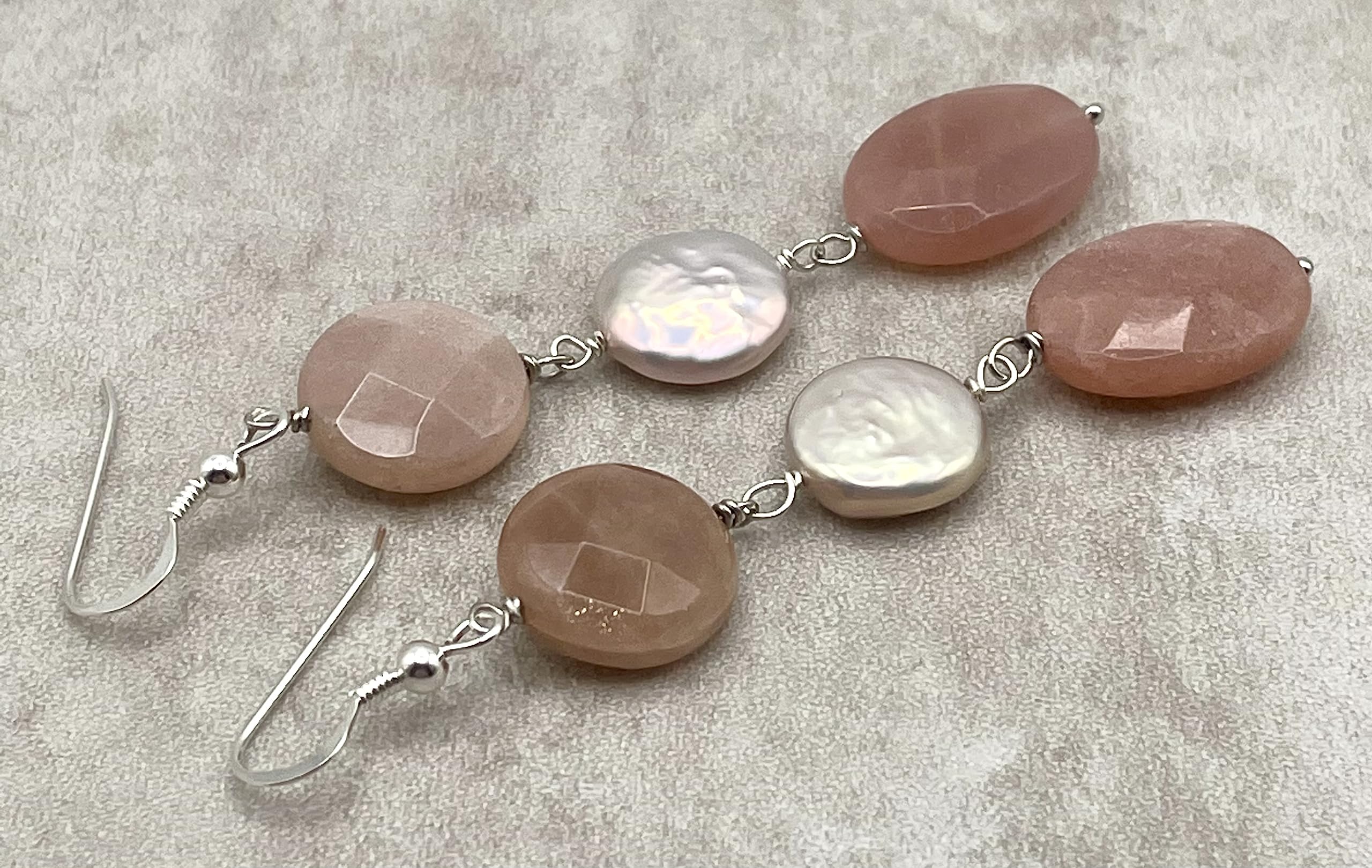 Orecchini con Perle Rosa e Pietra del Sole Beige, Pendenti in Argento 925, Gioielli Artigianali Moderni, Bijoux Pietre Naturali, Regalo