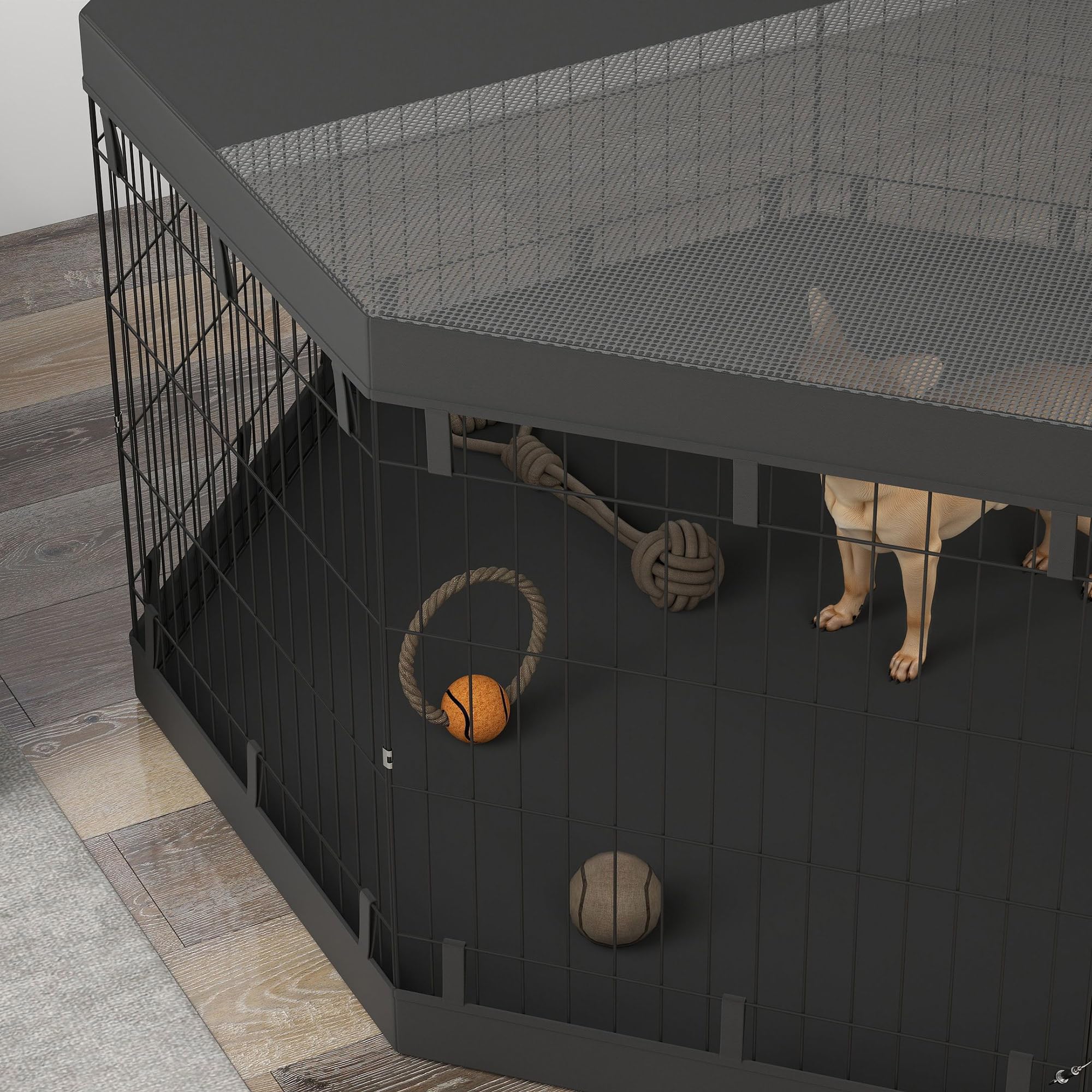 PawHut Welpenauslauf Türen für Hunde unter 20 kg 159 x 159 x 76 cm Schwarz | Welpenlaufstall, Fenster, Laufgitter mit Atmungsaktiv Netz, für kleine & mittelgroße Hunde, Indoor & Outdoor