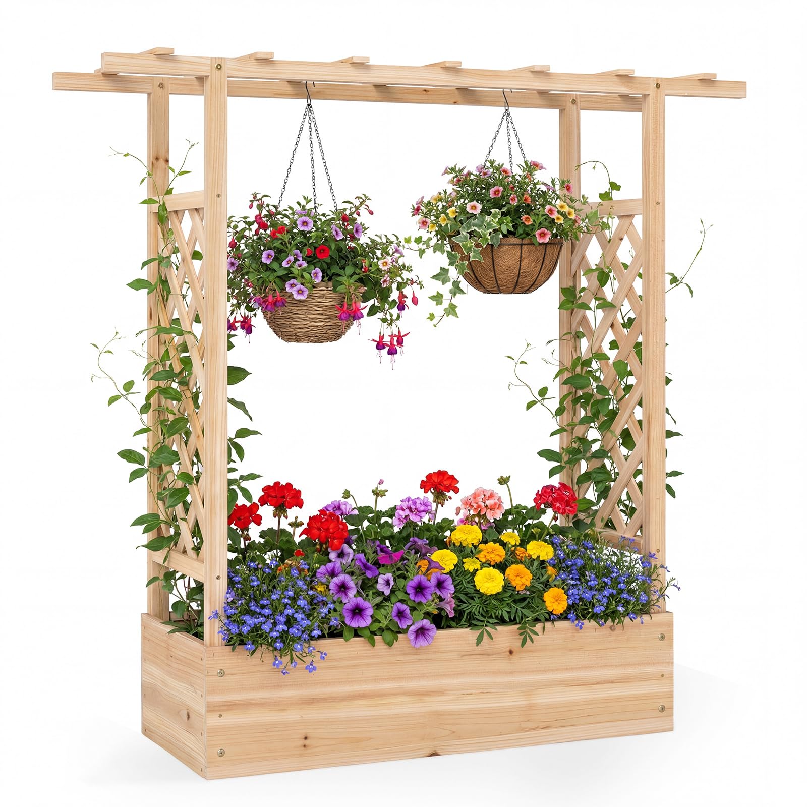 GiantexUK Raised Garden Bed with Arch Trellis, Wooden Garden Planter Box with Drainage Holes, Climbing Plants Vines Vegetables Herbs Flower Pots Grow Box for Patio Backyard (Natural, 110x35x114cm)
