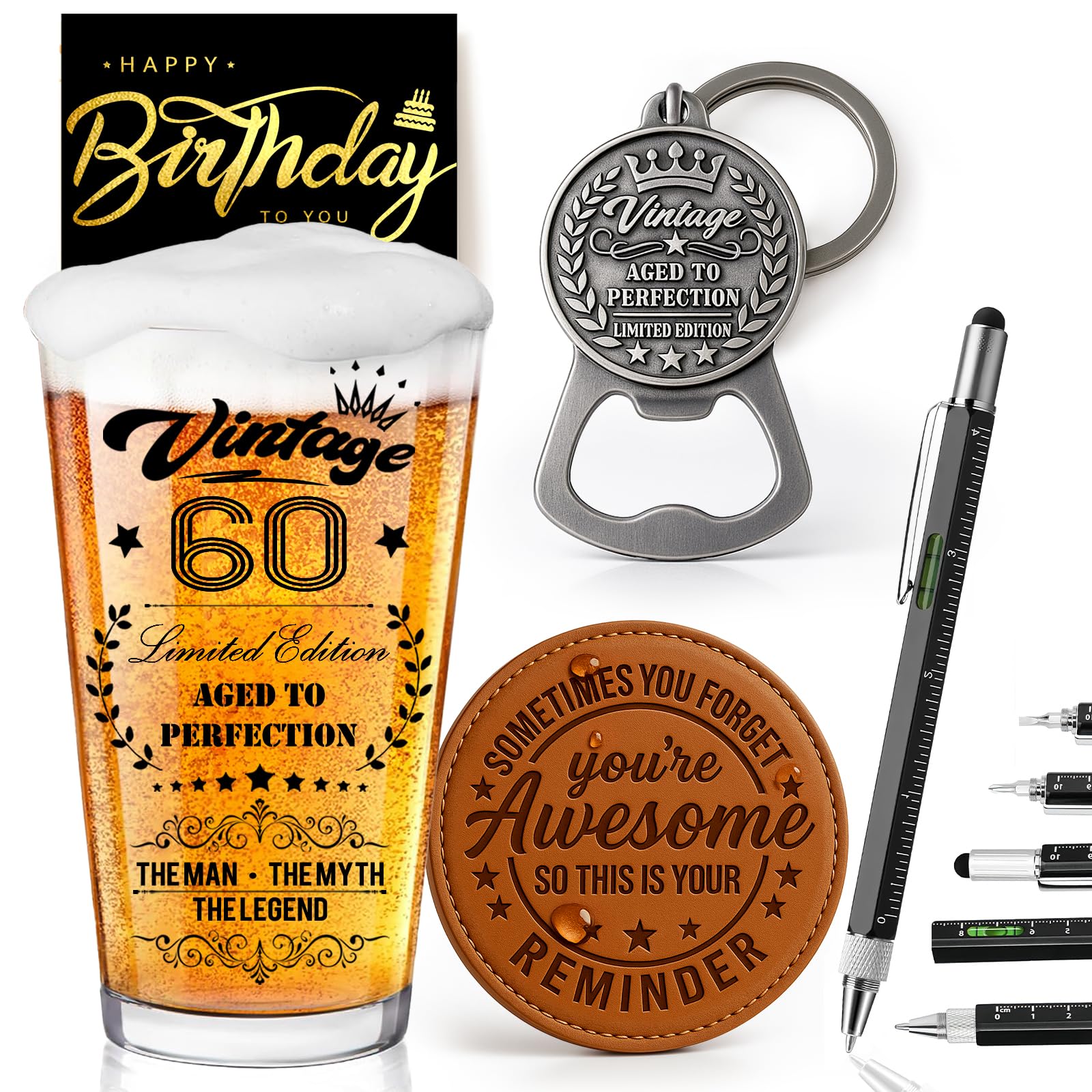 Joybble 60th Birthday Gifts for Men, 60th Birthday Gifts for Men with Greeting Cards, 60 Years Old Beer Glass in Vintage Box, Christmas Personalised Presents Beer Glasses Set, Christmas Presents Sets