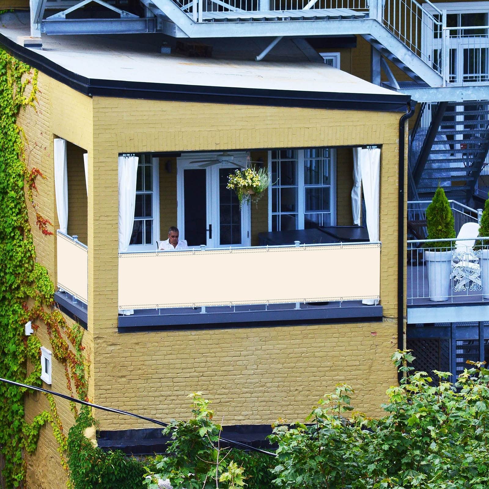 Balkon Sichtschutz 90x450cm, Wetterfest Zaun Balkonverkleidung Balkonsichtschutz, Windschutz ohne Bohren Starker Wind, für Garten & Terrasse Deko - Beige