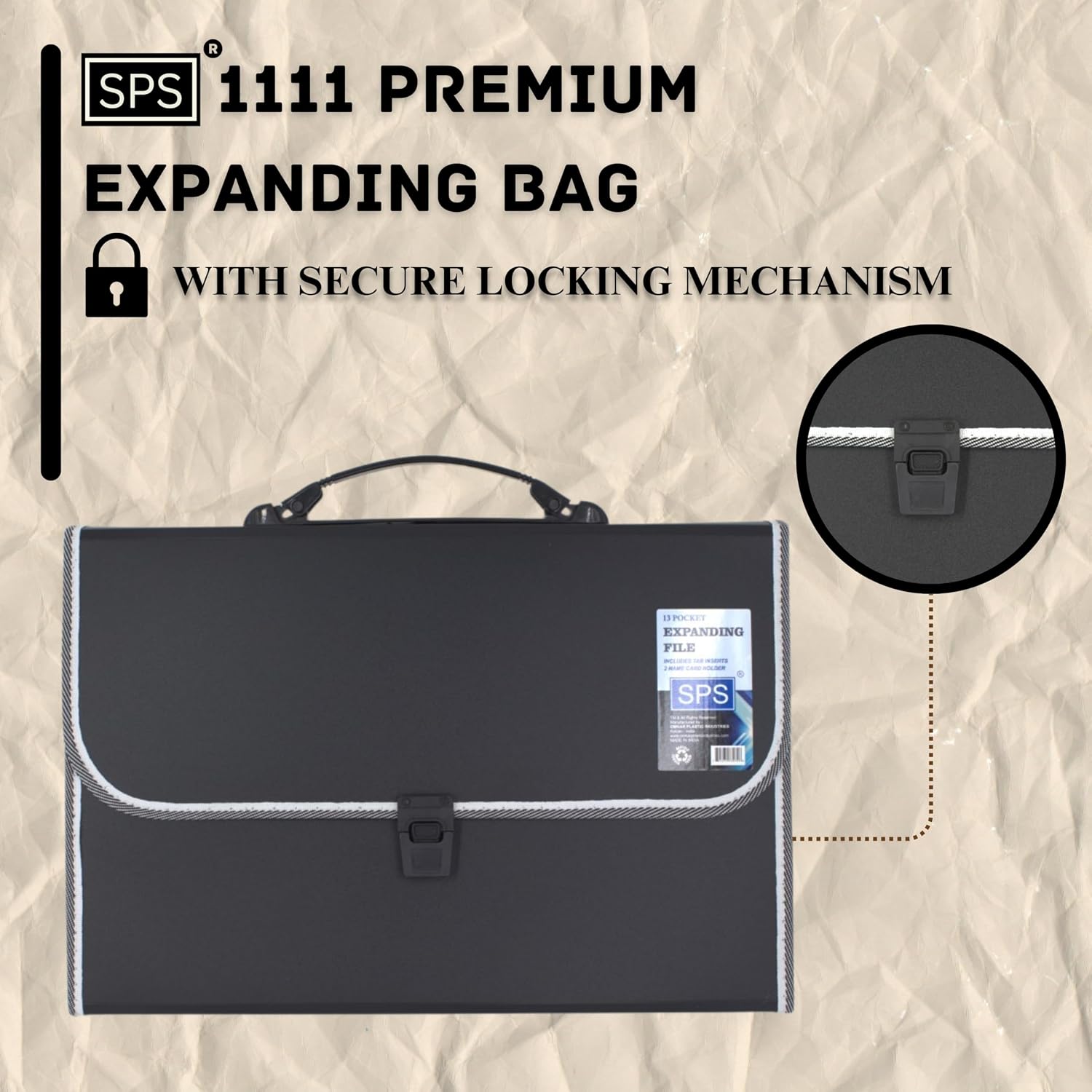SPS 13 Pockets Expanding File Folder with Buckle Closure, Label Index and Handle for A4 Documents Black