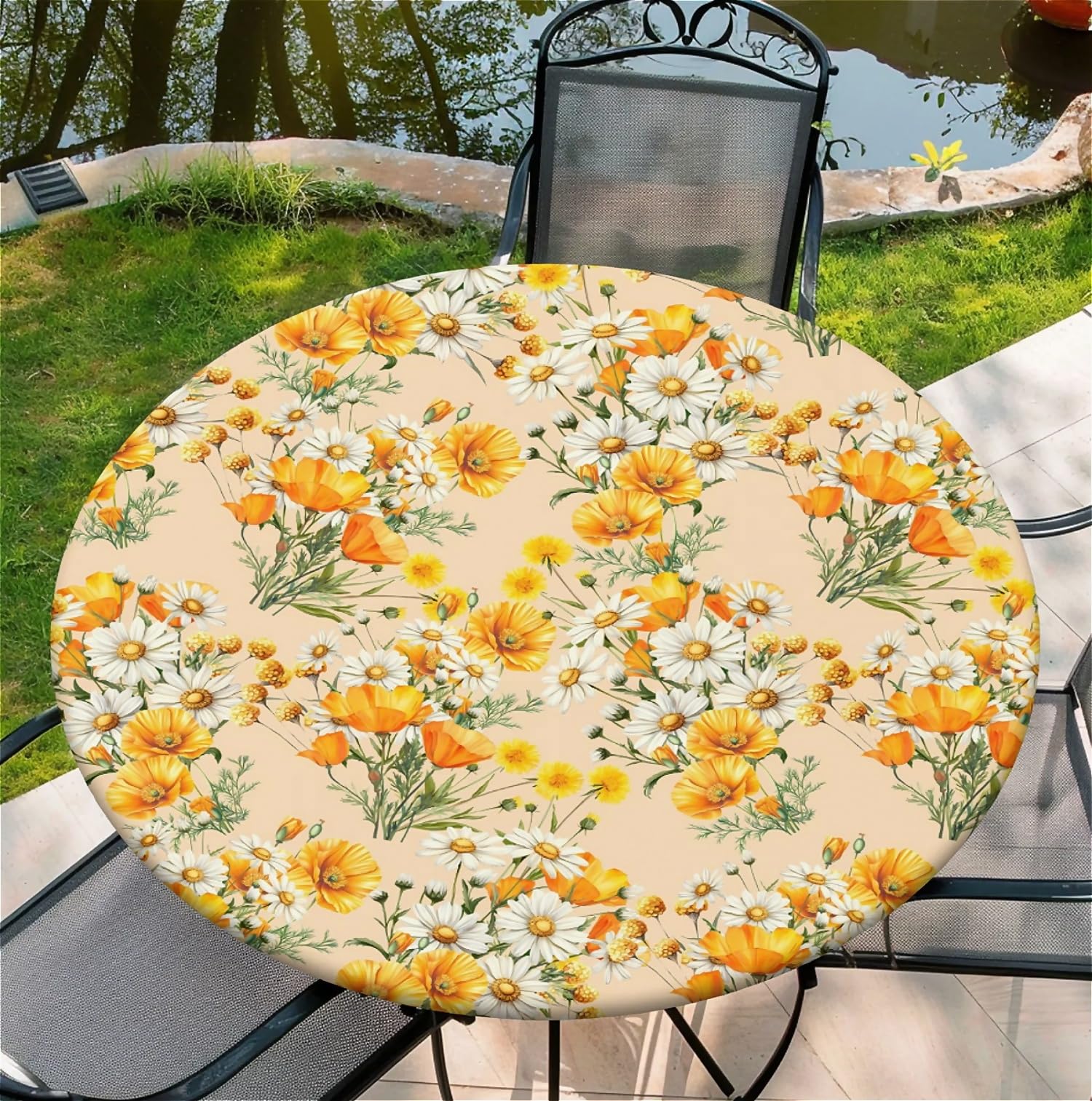 artslion Round Tablecloth Φ120cm/48in Wipe Clean Table Cloths with Elastic, Water-repellent Durable Scratch Resistant Table Cover Protector for Dining room, Balcony, Garden-Yellow Daisy Floral — image 1