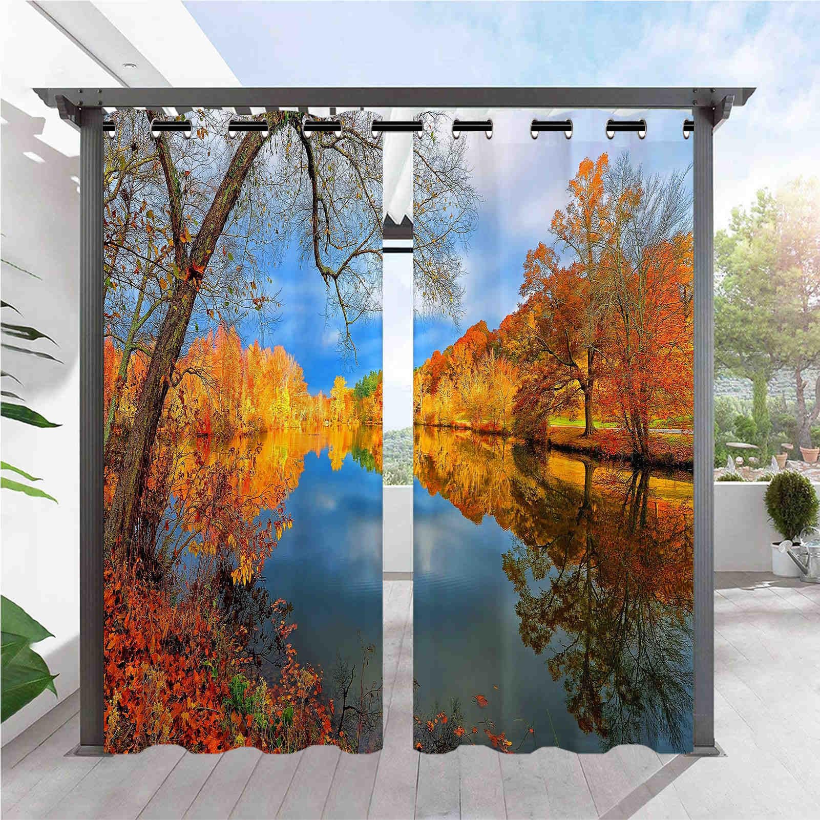 ANHOPE Outdoor Curtains Waterproof Eyelet Ring Top Drapes Nature Autumn Forest Lake Print Pattern Privacy Outside Curtains for Garden Patio Gazebo Pergola 2 Panels W 36" x L 84"