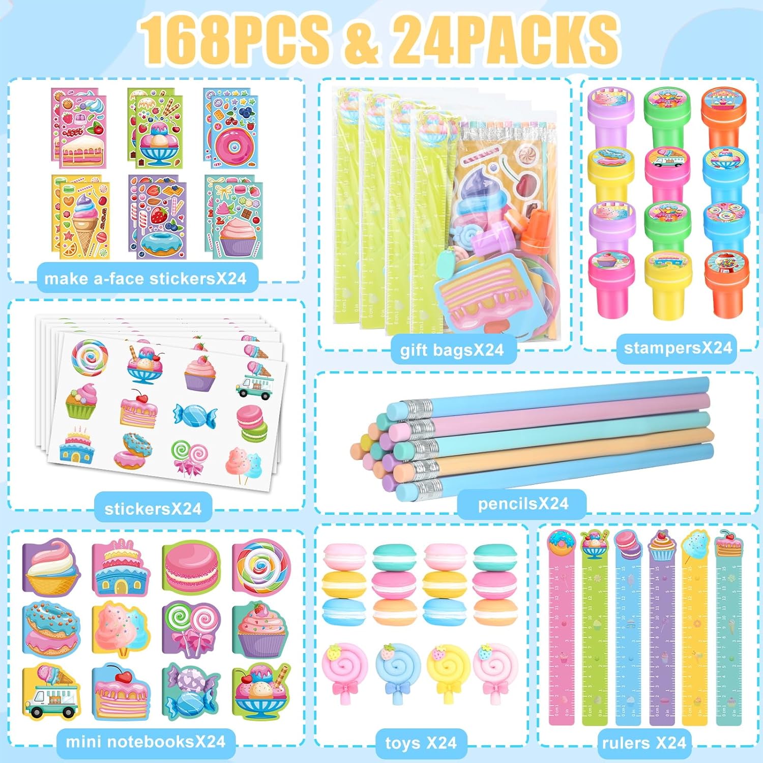 BenLouis 192Pcs Candyland Party Favors Ice Cream Donut Mini Notebook Stampers School Stationery Bulk for Kids Lollipop Sweet Treats Birthday Goodie Bags Pinata Filler Classroom Prizes Supplies