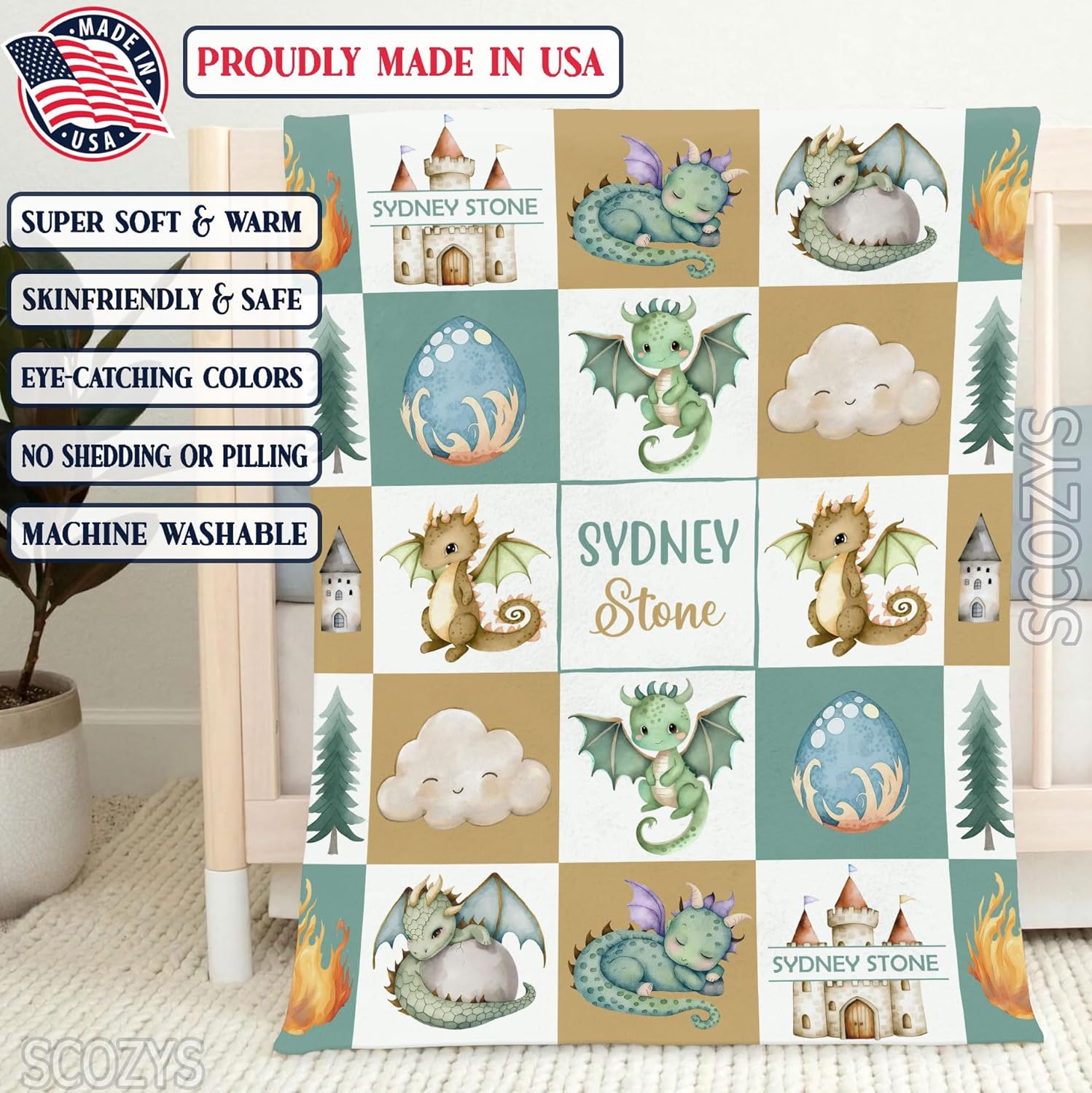 Personalized Dragon Baby Blanket - Custom Name Nursery Receiving Bedding - Newborn Shower Gift - Soft Plush Fleece