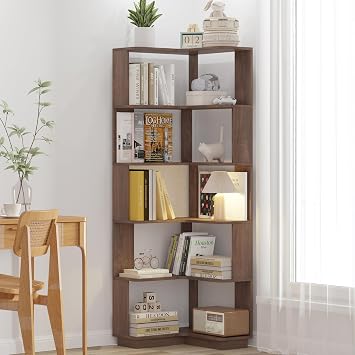 Corner Bookshelf 65 Tall L-Shaped Bookshelf for Small Room, 5 Tier Display Shelf Open Storage Rack for Living Room Office Study, Dark Brown