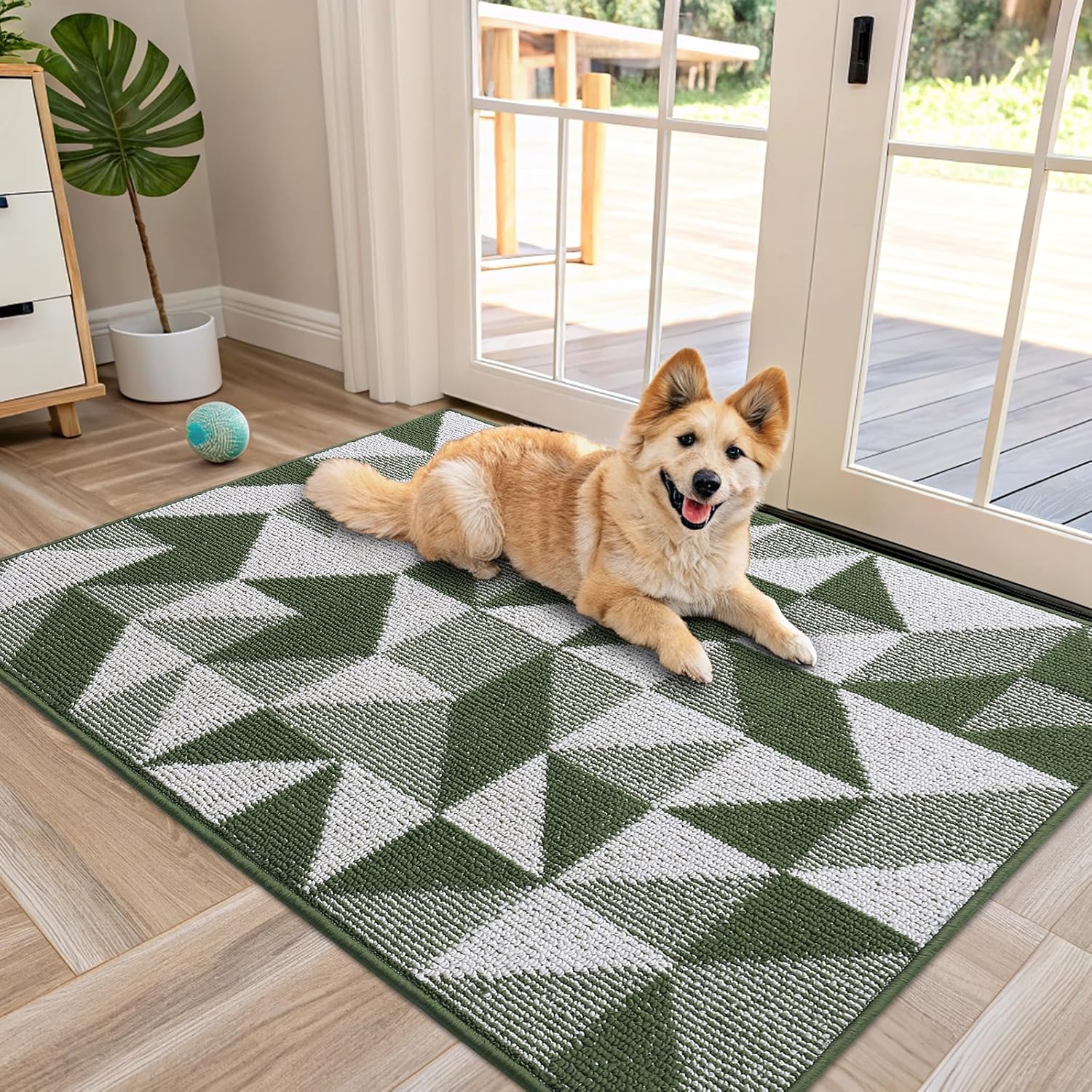 OLANLY Large Door Mat Indoor Entrance Washable 48x32, Odor-Free Low-Profile Front Back Geometric Doormat, Absorbent Resist Dirt Entry Carpet, Easy to Clean Sturdy Inside Floor Mats for Entryway, Green 48" x 32" Green