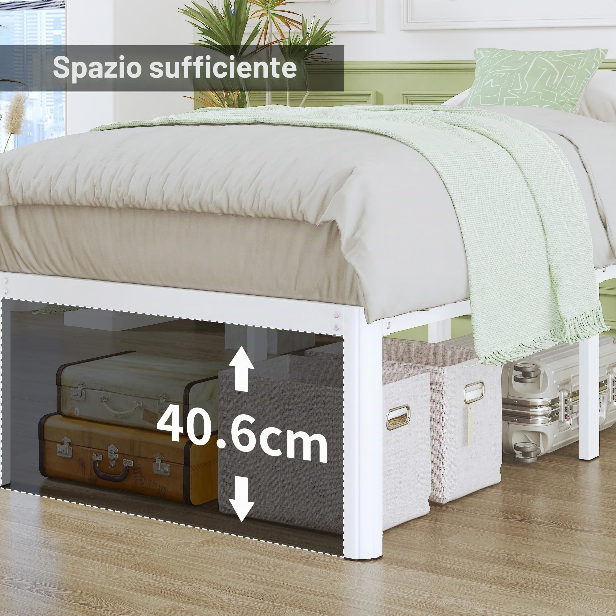 Lutown-Teen Letto 120x190 cm con Rete a Doghe in Metallo, Alta 46 cm, Struttura Letto una Piazza e Mezza con Gambe ad Angolo Curvo, Spazio Aggiuntivo Sotto, Montaggio Facile, Silenzioso, Bianco