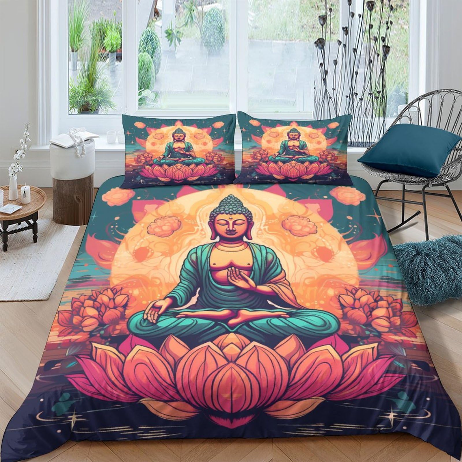 Housse de couette bouddha en microfibre premium lit double avec finitions fermeture éclair