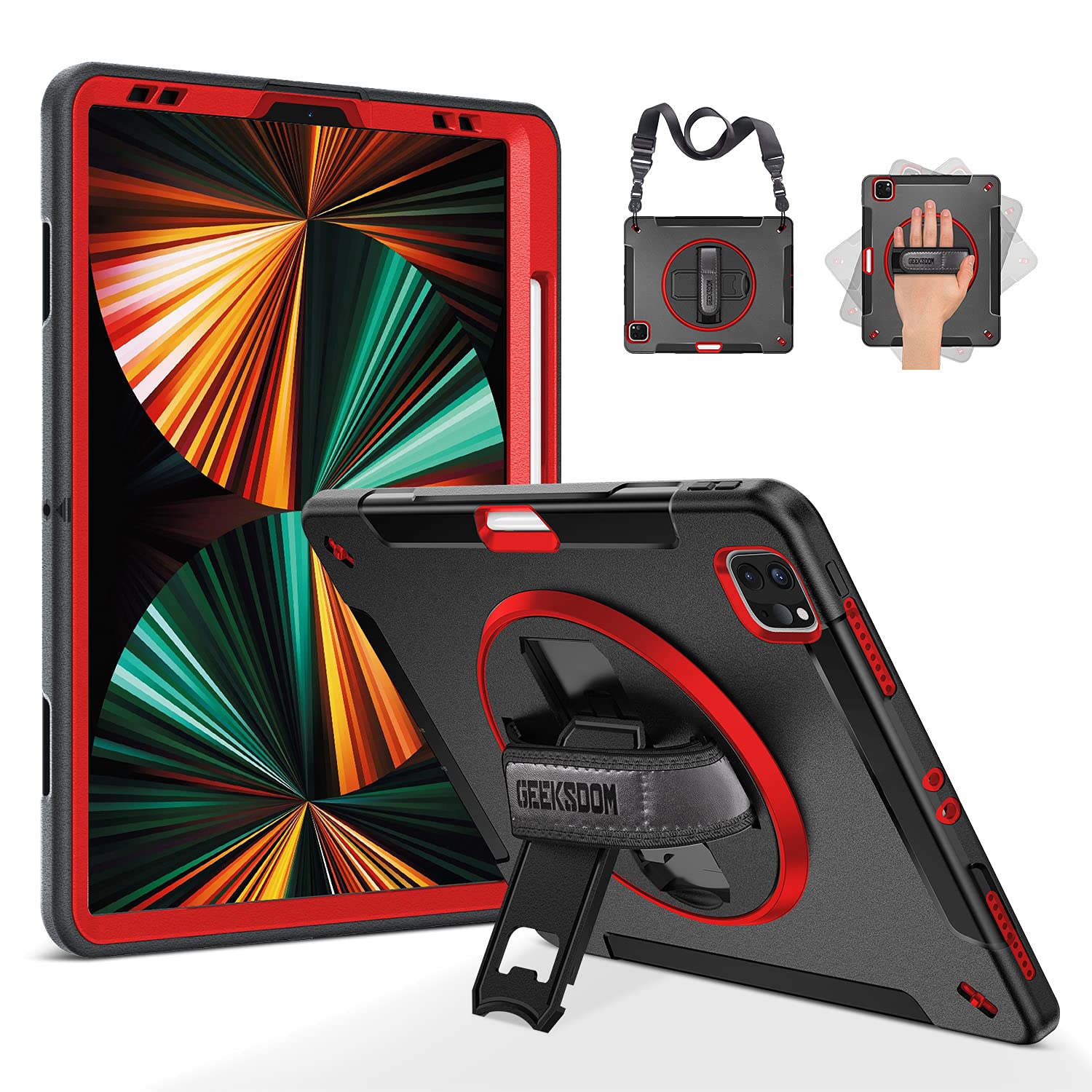 GEEKSDOM iPad Pro 12.9 Case 2021/2020: Military Grade Heavy Duty Shockproof Cover for iPad Pro 12.9 Inch 5th/4th Generation- Pencil Holder - Rotating Stand - Hand/Shoulder Strap-Red