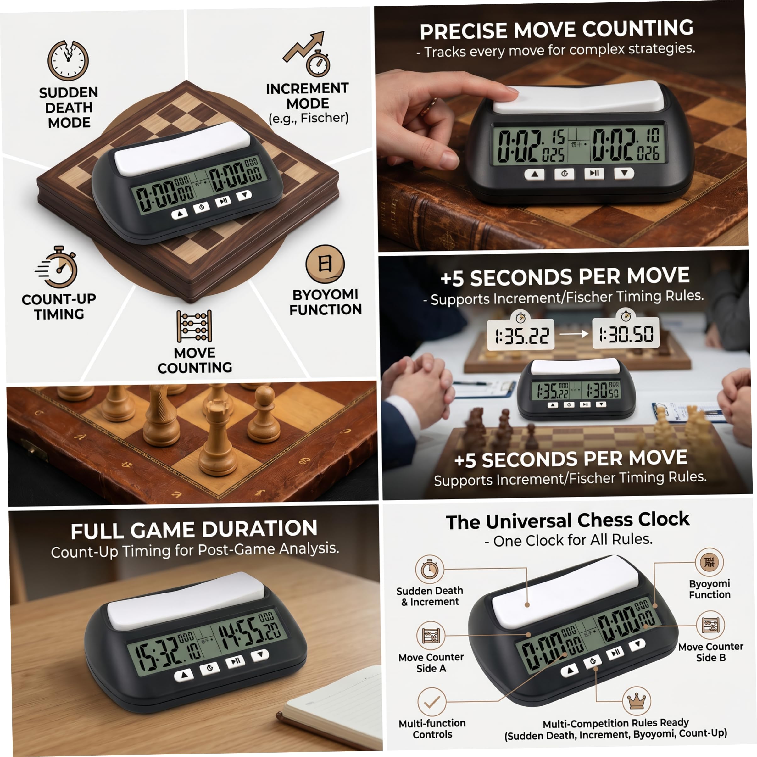 Temporizador de ajedrez, Reloj de ajedrez Digital Modo de sincronización múltiple Pantalla Dual para torneos Oficiales y Juegos Casuales, Negro