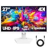 CRUA 27" 4K White Monitor, UHD(3840x2160P) IPS Panel, 60Hz Computer Monitor, Supports AMD Freesync, USB Type-C, 120% sRGB, Built-in Speakers, Wall Mountable, for Work, Streaming, and Home Office