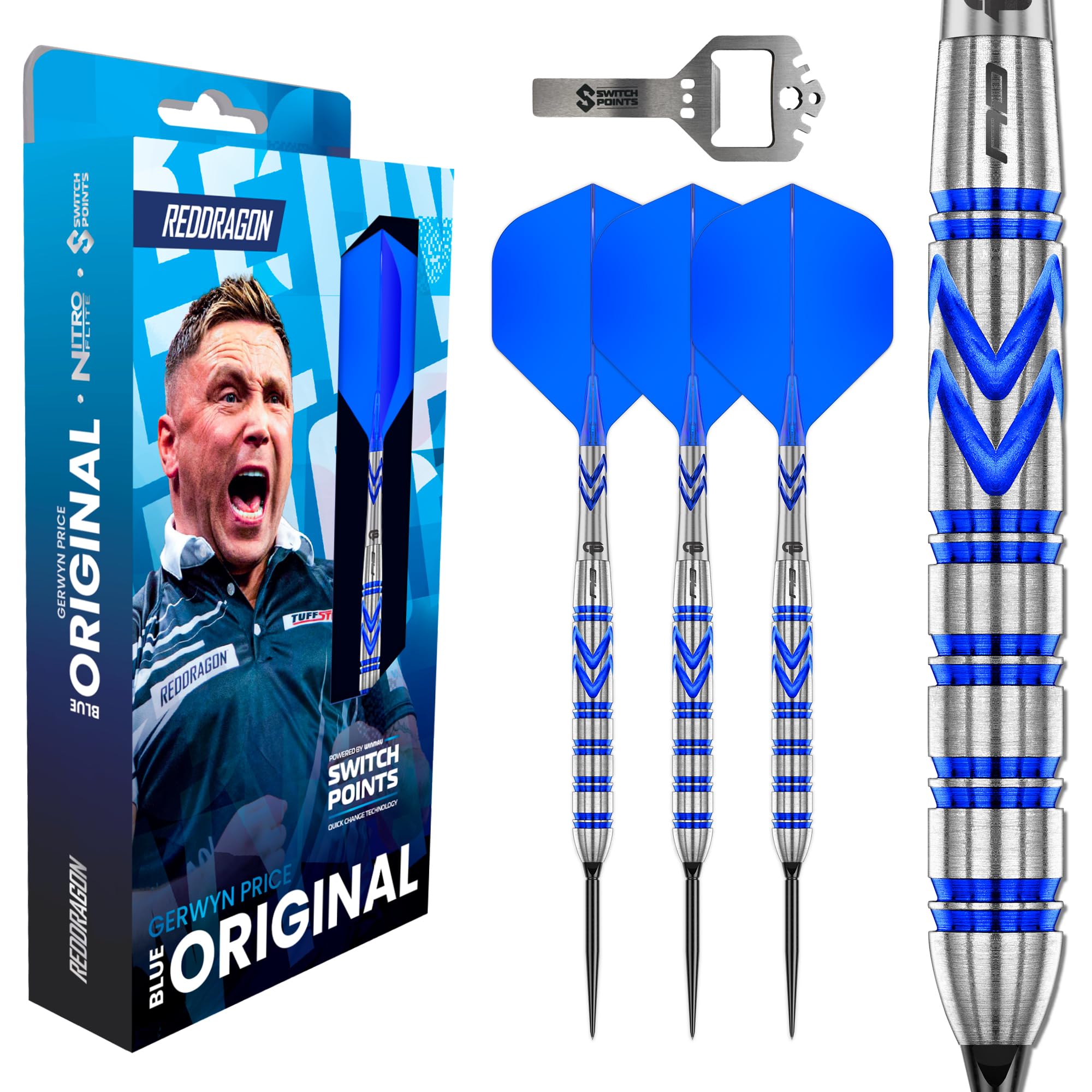 RED DRAGON Dardos Gerwyn Price Original | Gerwyn Price Original Switch Points - Juego de dardos de 90% tungsteno - Nitro Flite integrado vuelo/eje, plumas de dardos y tallos | Dardo de 24 g