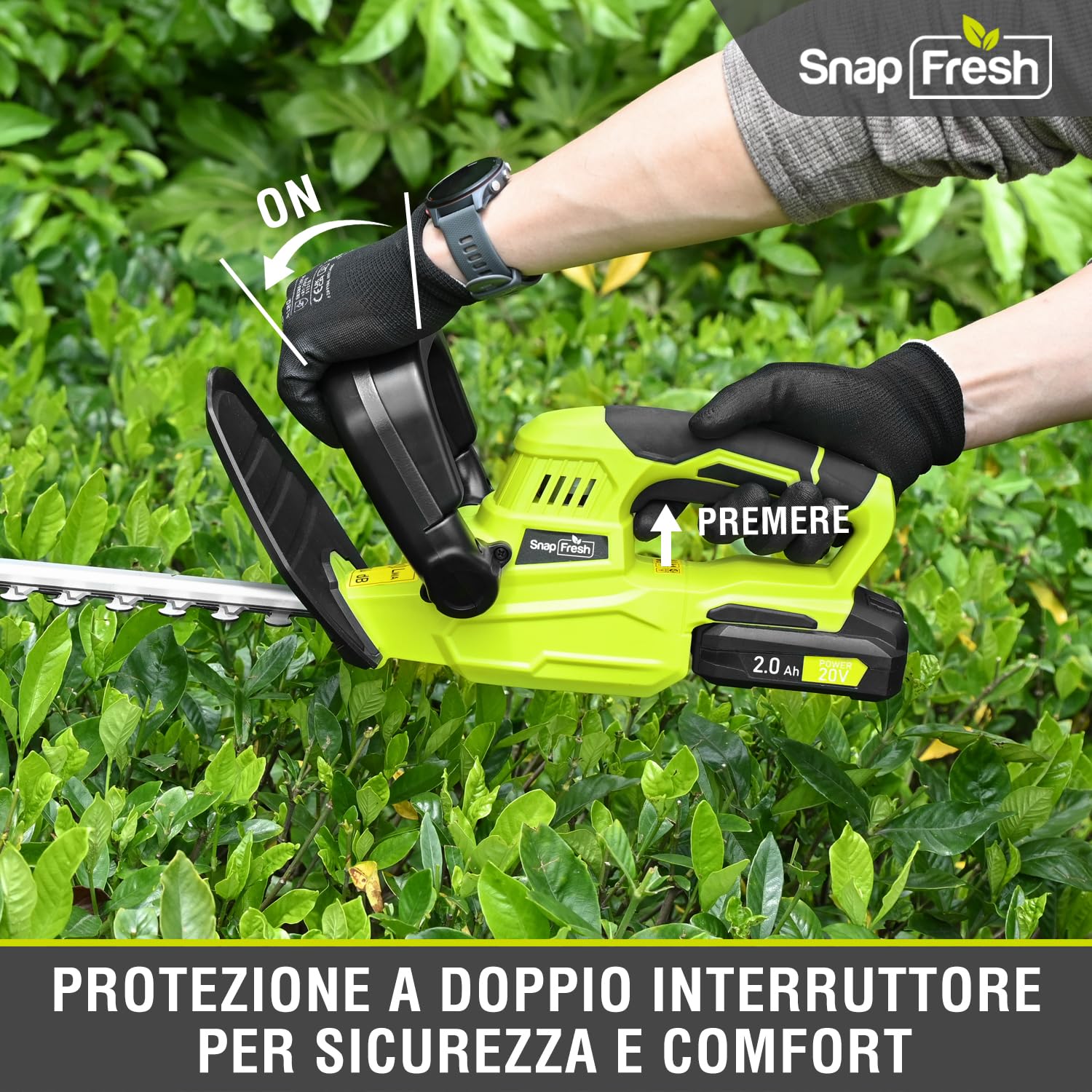 SnapFresh Tagliasiepi a Batteria 20V, Leggero 2,15 kg, 55 cm Lunghezza di Taglio, Distanza Denti 14 mm, 2800 SPM, Tagliasiepi Elettrico per Giardino, Siepi, Arbusti e Cespugli