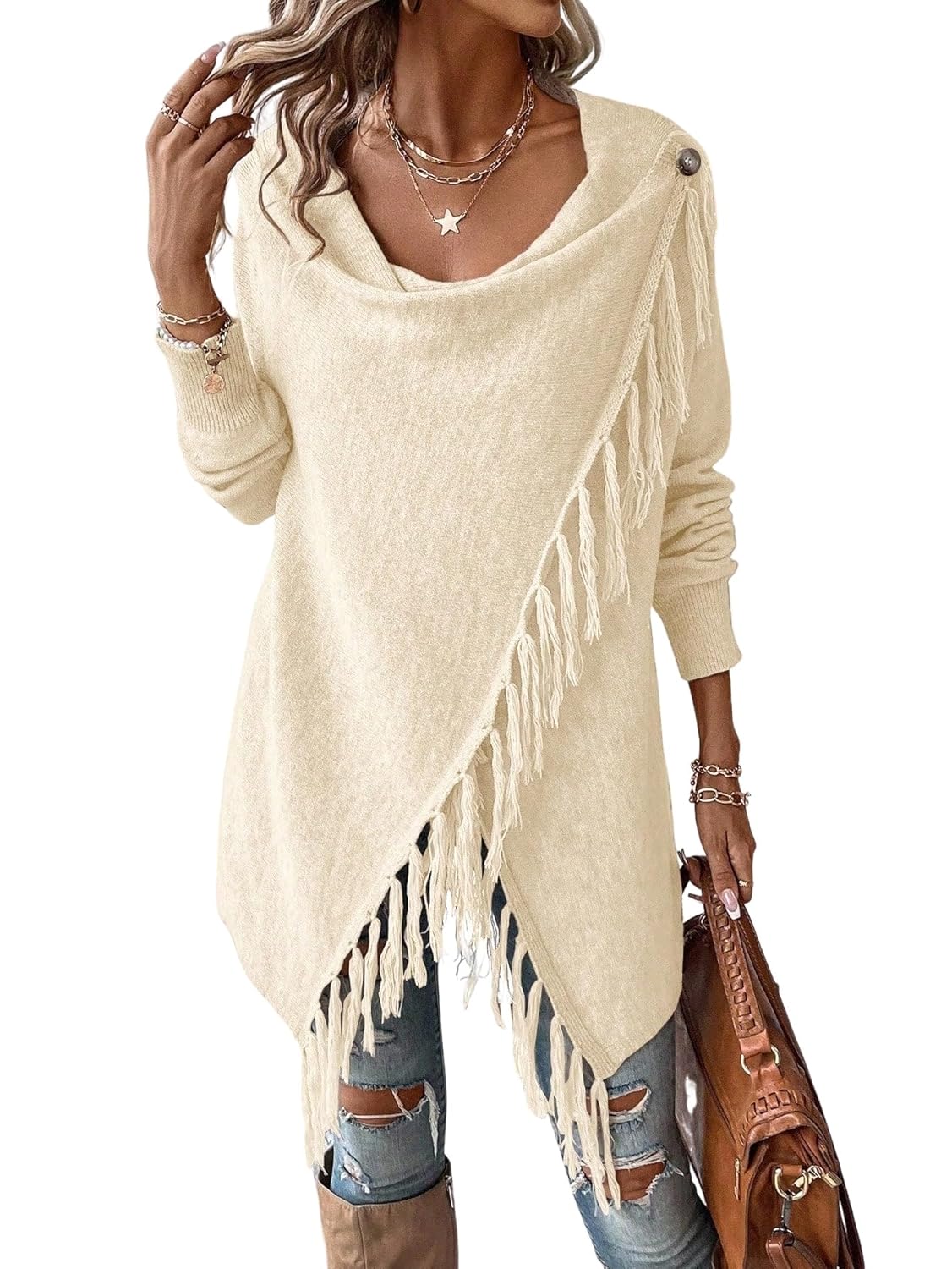 MARZXIN Womens Cardigan Fringe Trim Draped Collar Wrap Cardigan Asymmetrical Sweater Fall Winter Cloth for Women Sweaters