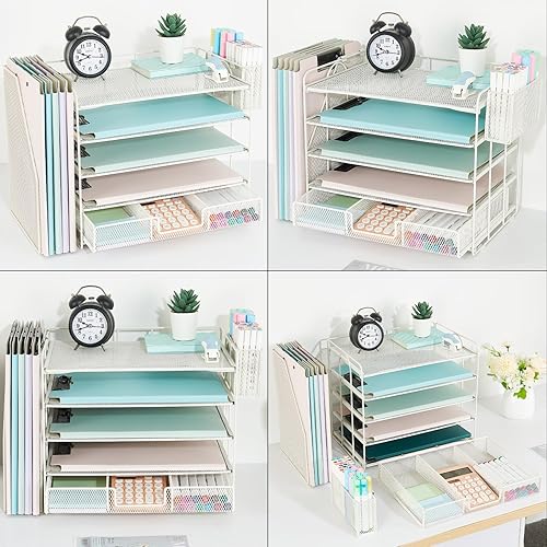Miniatura 4 de Youbetia Organizador de escritorio de 5 niveles y almacenamiento con estantes verticales de malla para archivos, bandeja de papel de escritorio,