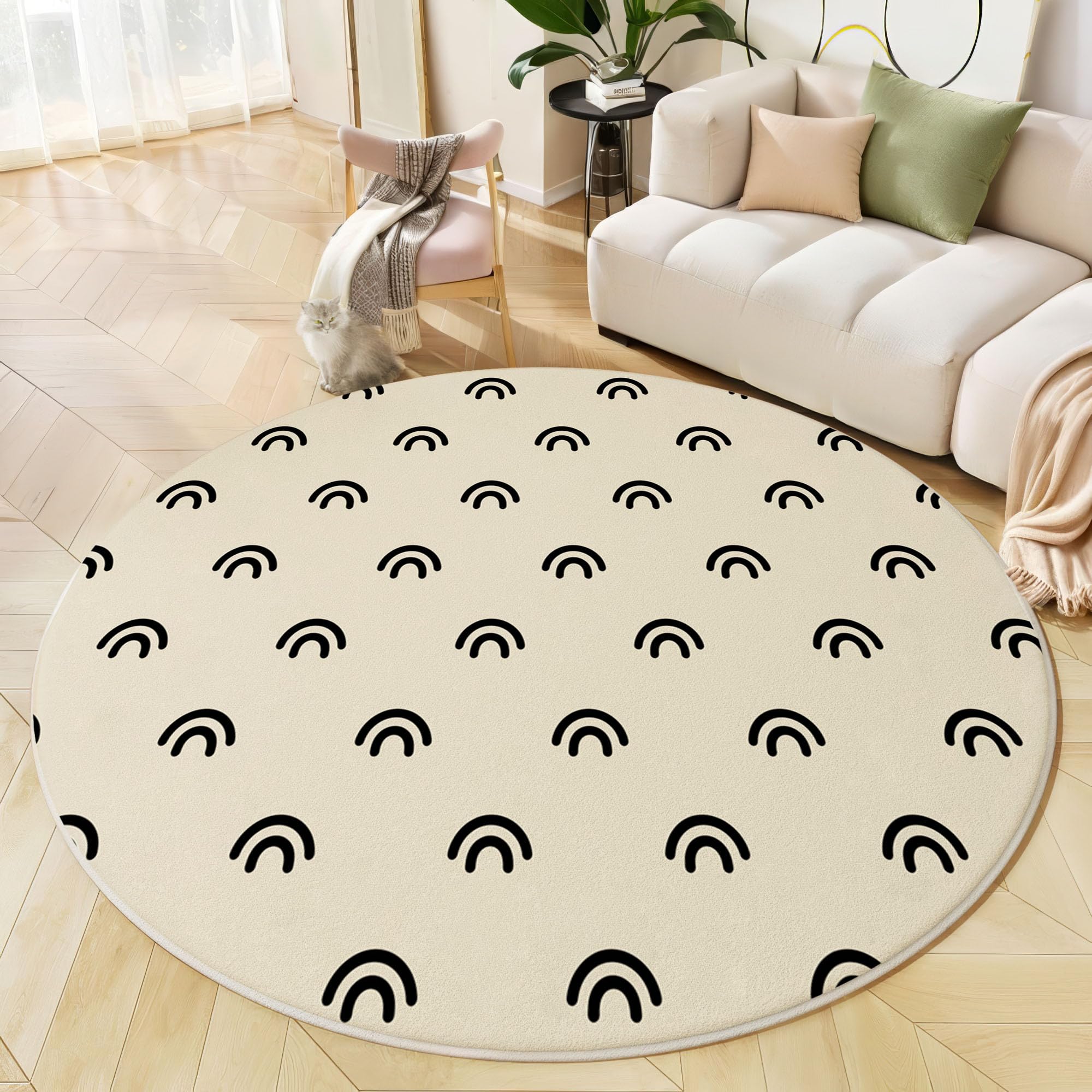 Tapis rond géométrie bohème beige noir 80 cm au design minimaliste