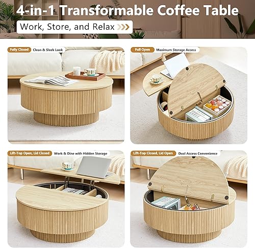 Miniatura 3 de Mesa de centro redonda de 33 pulgadas con soporte elevador y almacenamiento abatible, mesas de centro acanaladas modernas con marco de metal, mesa