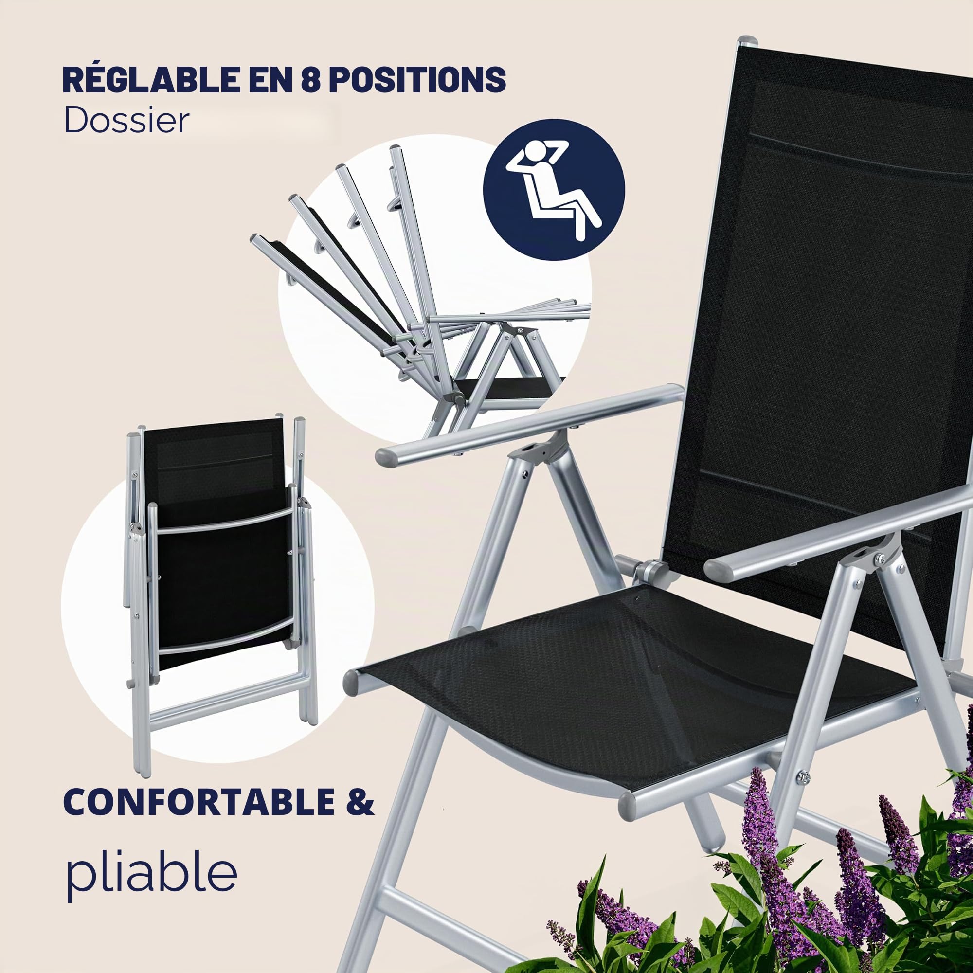 Casaria 4X Chaises de Jardin à Dossier Haut Argent Aluminium Pliable résistante intempéries Dossier réglable 8 Positions accoudoirs 120kg