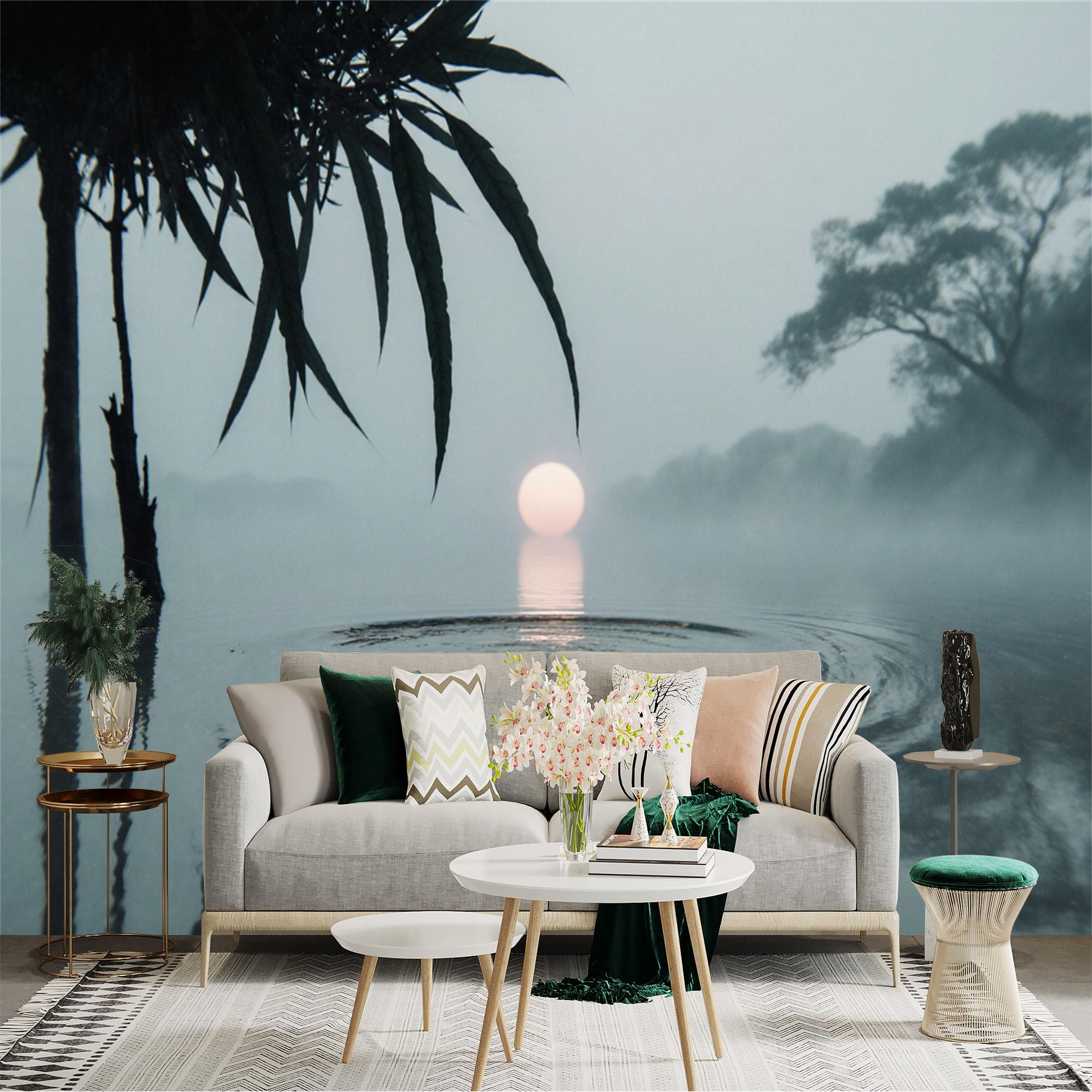 Custom Size Wall Sticker Mural， Misty Lake at Sunrise， Serene Water Ripples， Tropical Leaves Silhouette， Atmospheric Nature Landscape， for wall Decoration， peelandstick wall Decals.