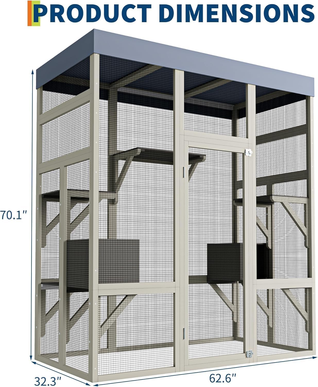 GarveeTech 70" Large Outdoor Catio Cat Enclosure, Wood Cat Patio with Waterproof UV-Resistant Roof, Cats Shelter with 5 Platforms and 2 Resting Box, and Secure Rust-Proof Wire for Backyard or Patio