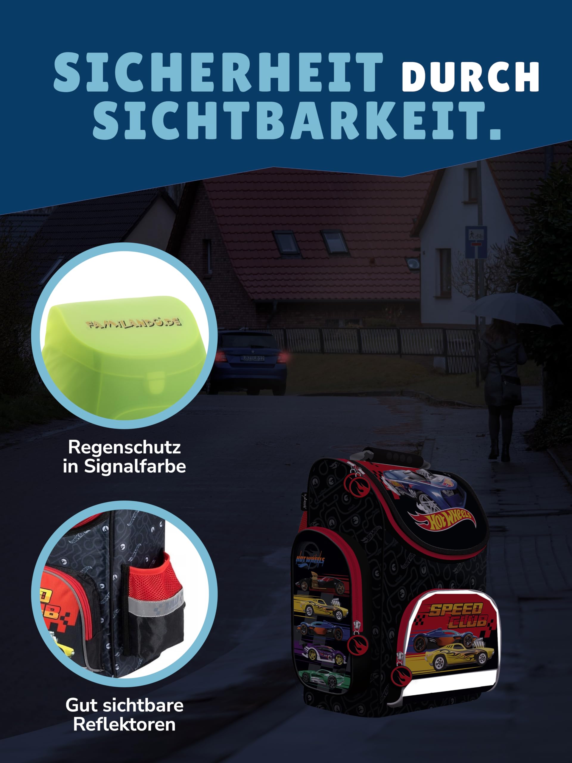 Familando - Schulranzen Set - 7-teilig mit Sporttasche - Hot Wheels - Ergonomisch, stabil & mit gepolstertem Rücken - 1010g leicht - 18L Volumen - Mit Reflektoren - Für Grundschule ab 1. Klasse