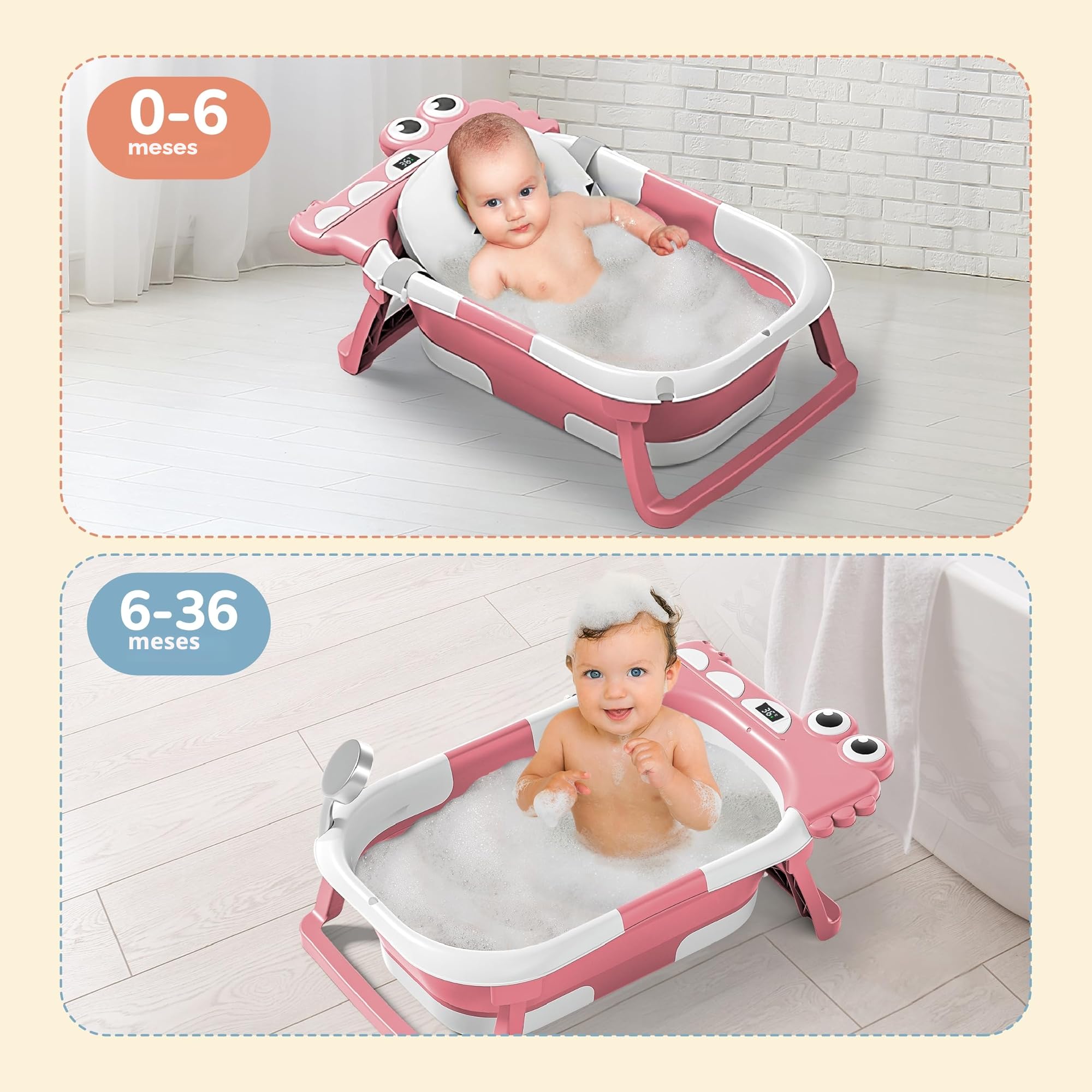 Bañera Plegable Bebé Con Cojín De Baño Antideslizante - Bañera Bebe Plegable Con Termómetro - Asiento bañera Bebe - Desde El Nacimiento Hasta Los 3 Años - Regalos De Nacimiento (ROSA, DINO)