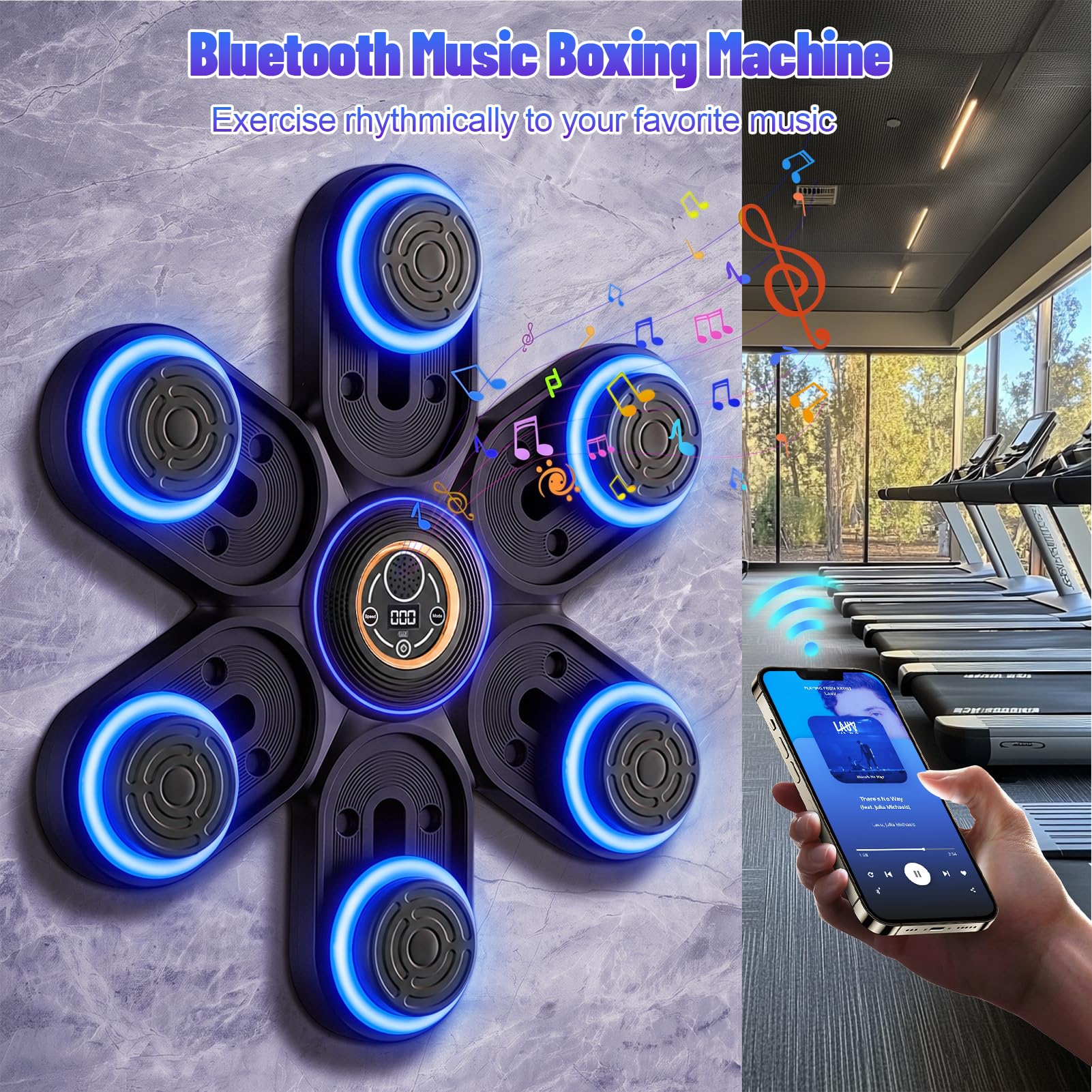 Macchina da boxe musicale, punzonatrice con musica, parete interattiva da boxe per palestra domestica, 9 livelli di velocità regolabili e 3 posizioni di altezza