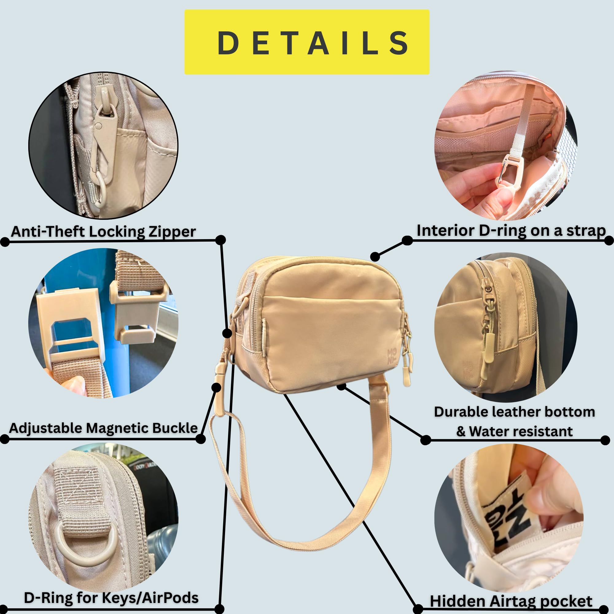 Riñonera magnética beige para gimnasio, riñonera de viaje, riñonera, pequeña correa negra para hombres y mujeres, bolsa de hombro antirrobo con accesorio magnético, mantiene los artículos fuera de los