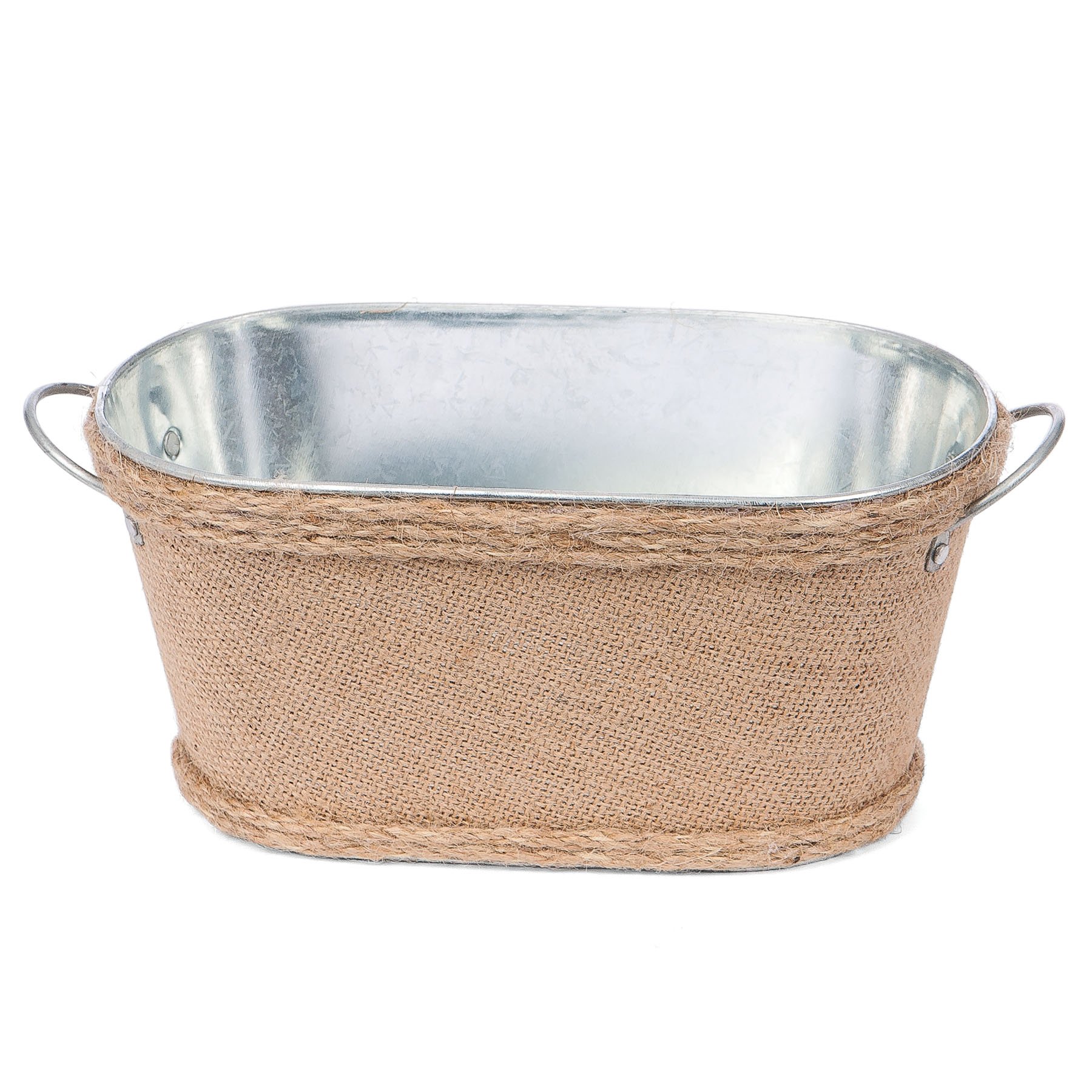 Skalny Oval Tin Container with Burlap, 9.5 x 5.5 x 4.5