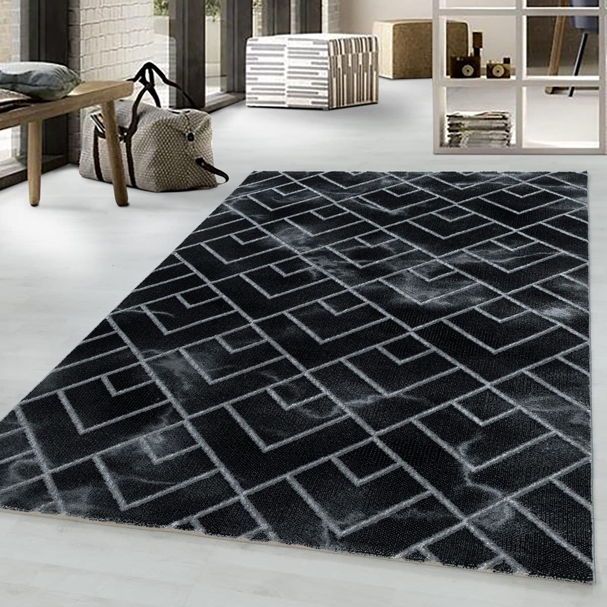 Tapis foncé marbré avec lignes argentées carreaux 160x230 cm pour salon