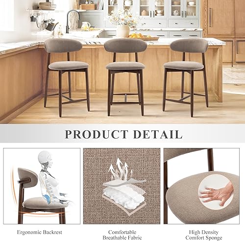 Miniatura 5 de COLAMY Juego de 2 taburetes de bar, taburetes de bar tapizados con patas de madera para cocina, isla de comedor, color camello