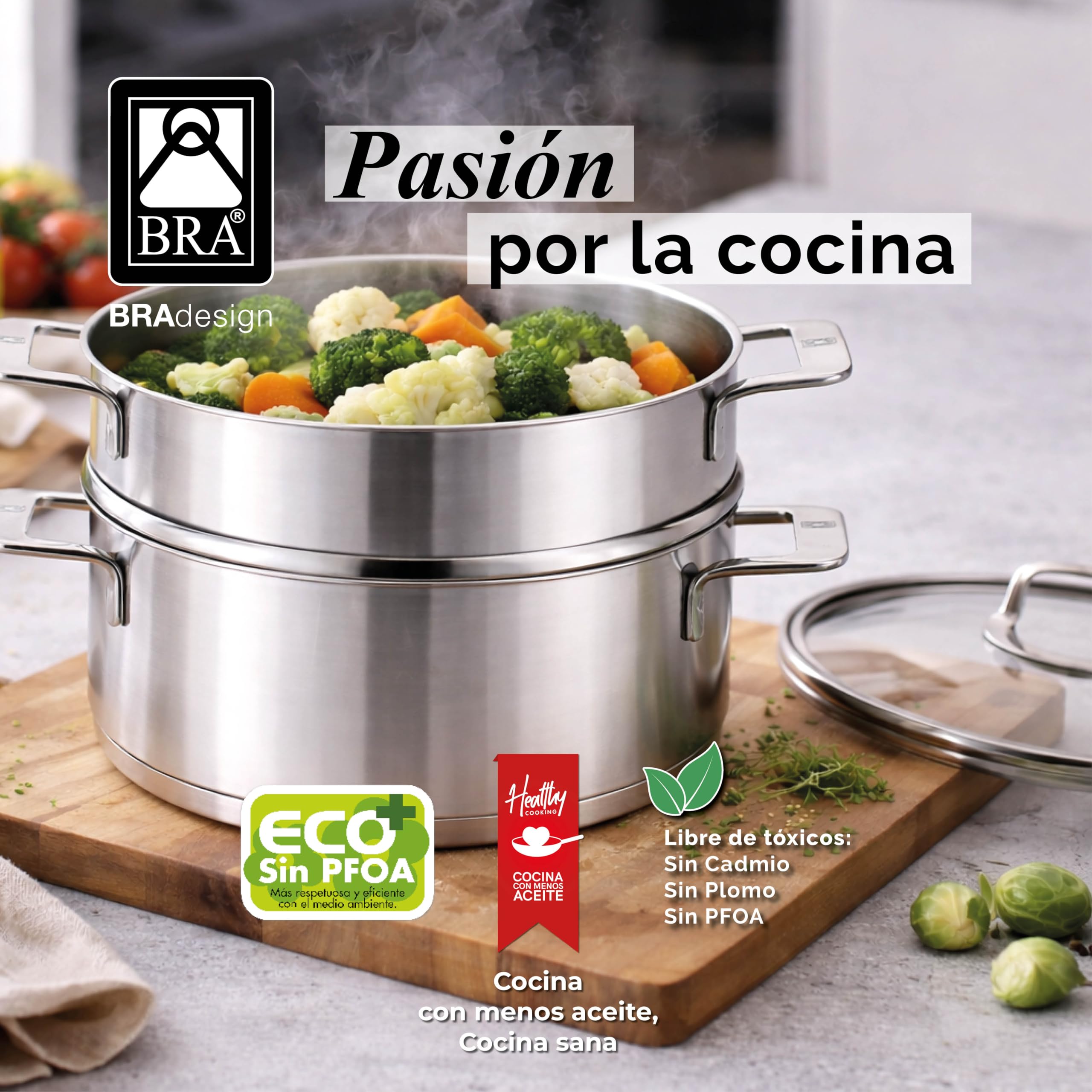 BRA Signature | Set cocina al vapor 24 cm con tapa, Acero Inoxidable 18/10 | Sin antiadherente, Cacerola 24 cm con Vaporera y Tapa de vidrio, 3, 75L, apta para inducción, triple fondo full induction