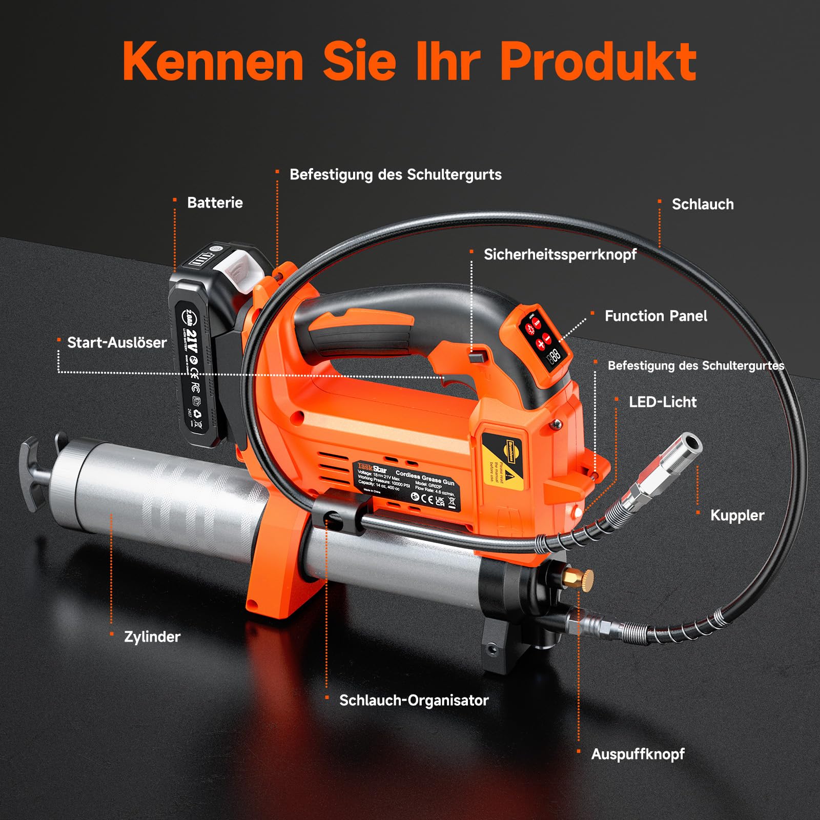 TaskStar Akku Fettpresse 10000 PSI, Automatische Fettmengenregulierung