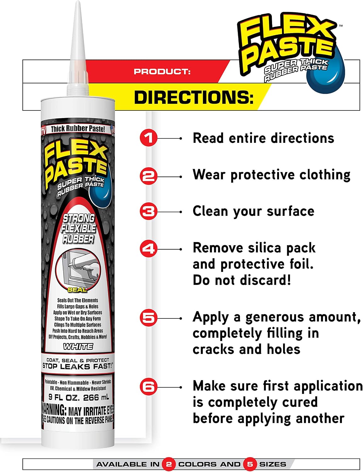 Flex Paste, 9 oz Cartridge, Black, Waterproof Paintable Putty, Spackle Sealant, Fill Gaps Cracks Holes - Block Out Water and Air - UV Resistant - Walls, Drywall, EPDM, Concrete, Roof, RV Repairs