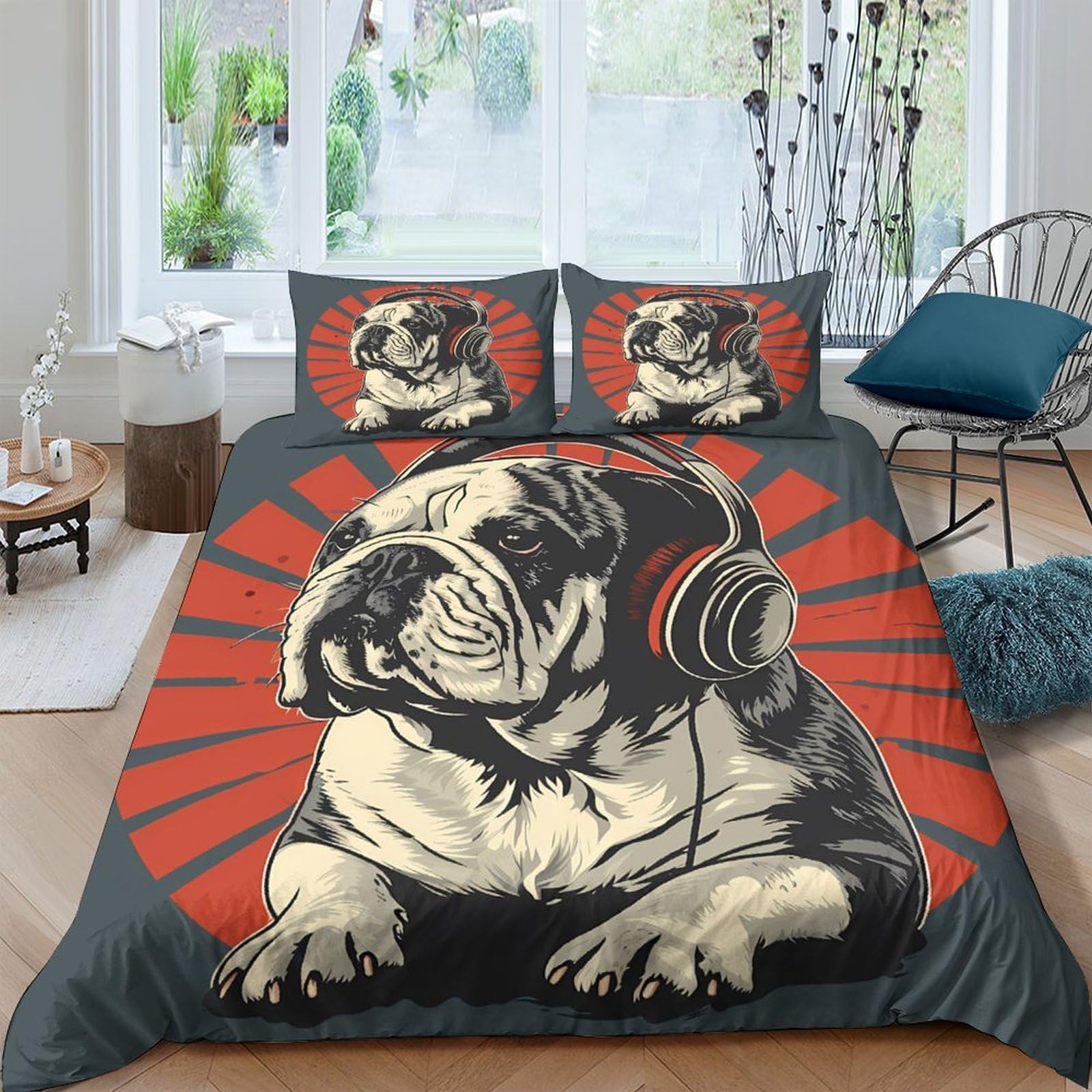 Ctjqhvkz Style-9 3D Printed Bulldog Headphones Fitted Sheet Microfiber Soft Black Red Mattress Cover Bedroom Dorm Decor Single（135X200cm）