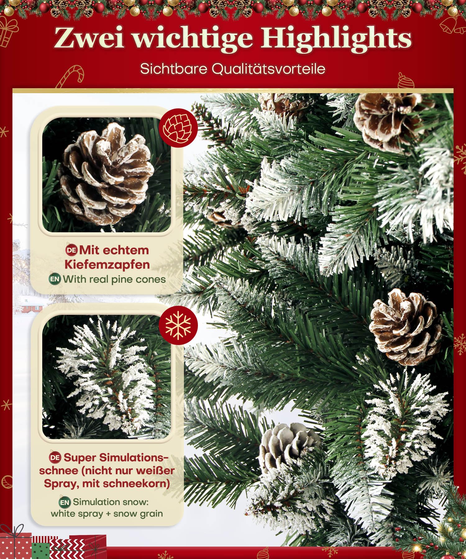 Yorbay Albero di Natale, Pino artificiale ricoperto da neve e decorato da pigne, Materiale PVC e PP e Ferro, Dimensione da 120 cm a 240 cm (180 cm) Riutilizzabile