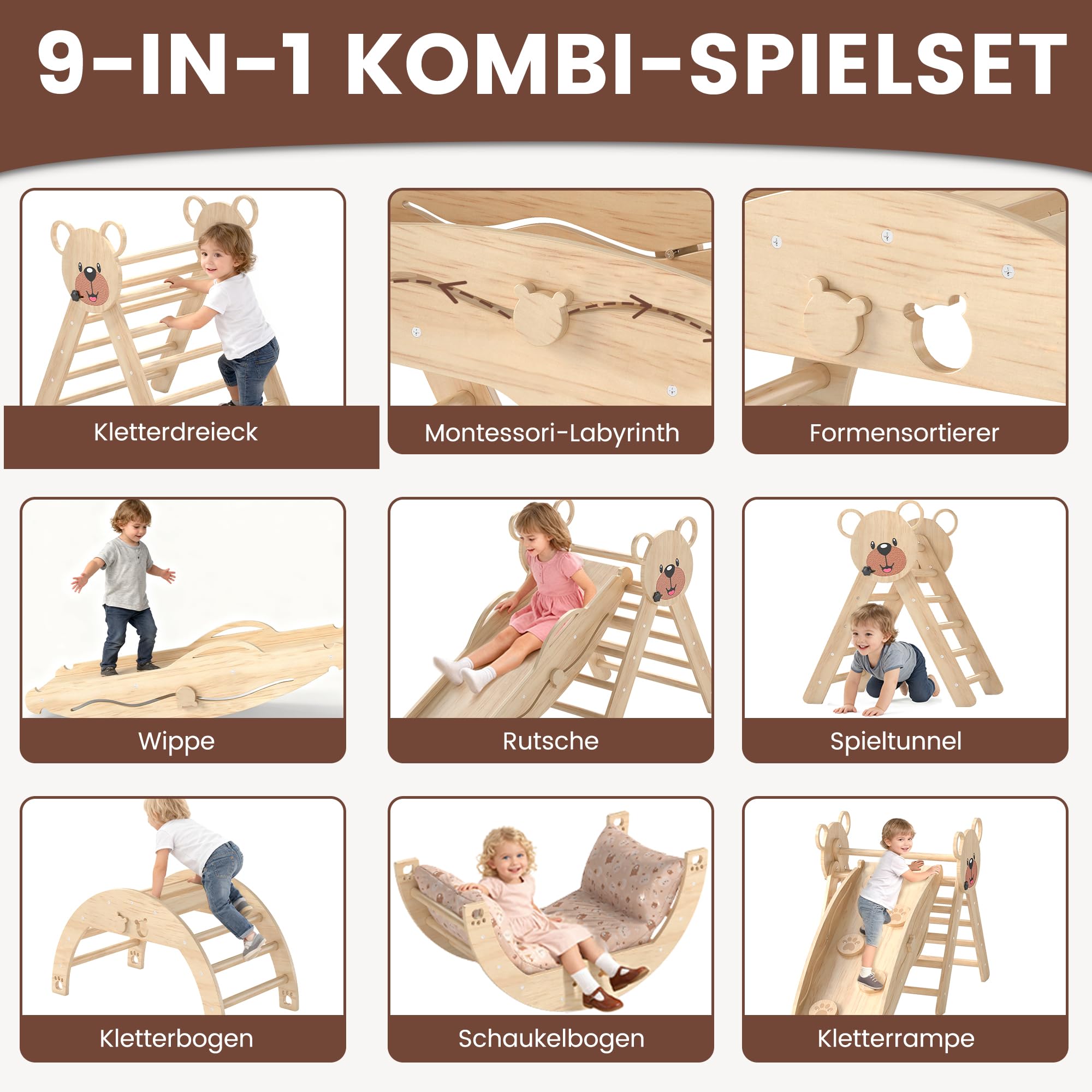 Klettergerüst Indoor,Holz Montessori Kletterdreieck mit Rutsche, Bogen，Leiter&Spielmatte ，für Kinder ab 1 Jahr(Naturholz)