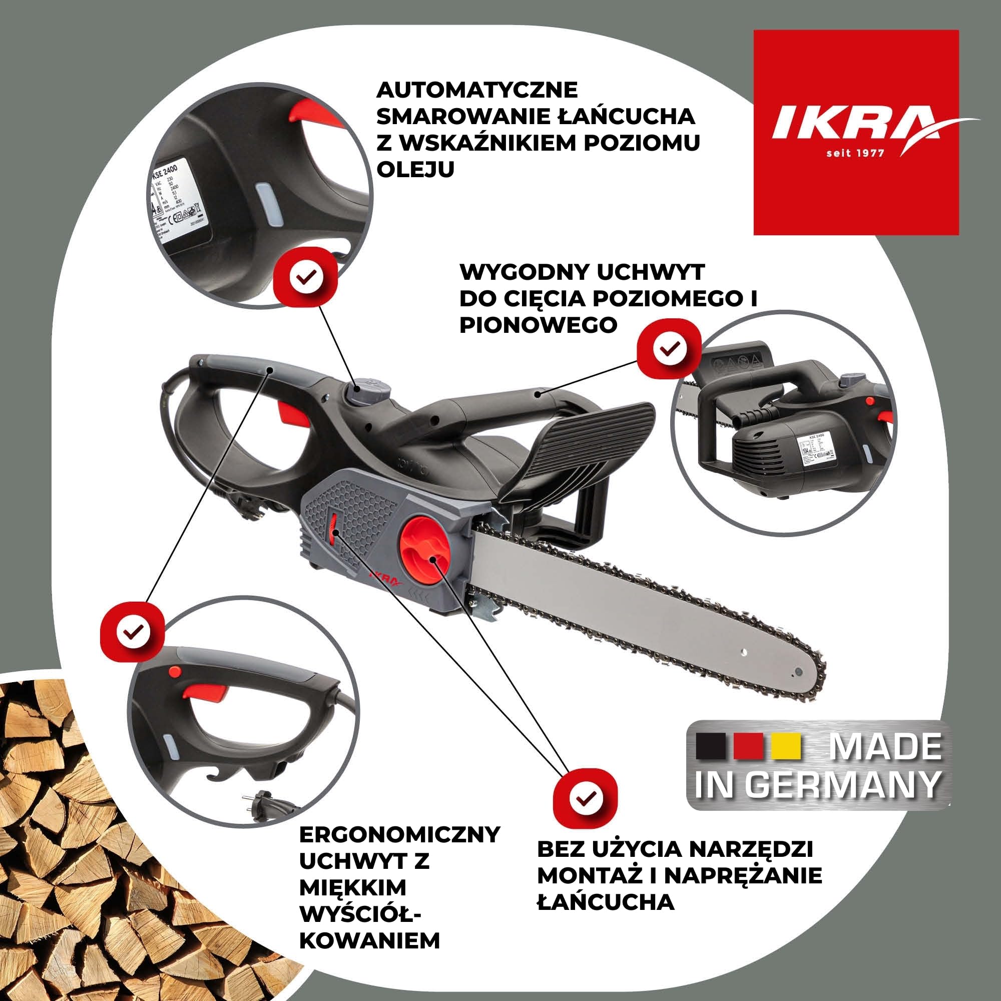 IKRA Pilarka łańcuchowa elektryczna KSE 2400-40, 2 zapasowe łańcuchy | Długość cięcia 40 cm, łańcuch o niskich wibracjach, beznarzędziowy montaż i napinanie, 2400 W, wzmocniona metalem przekładnia