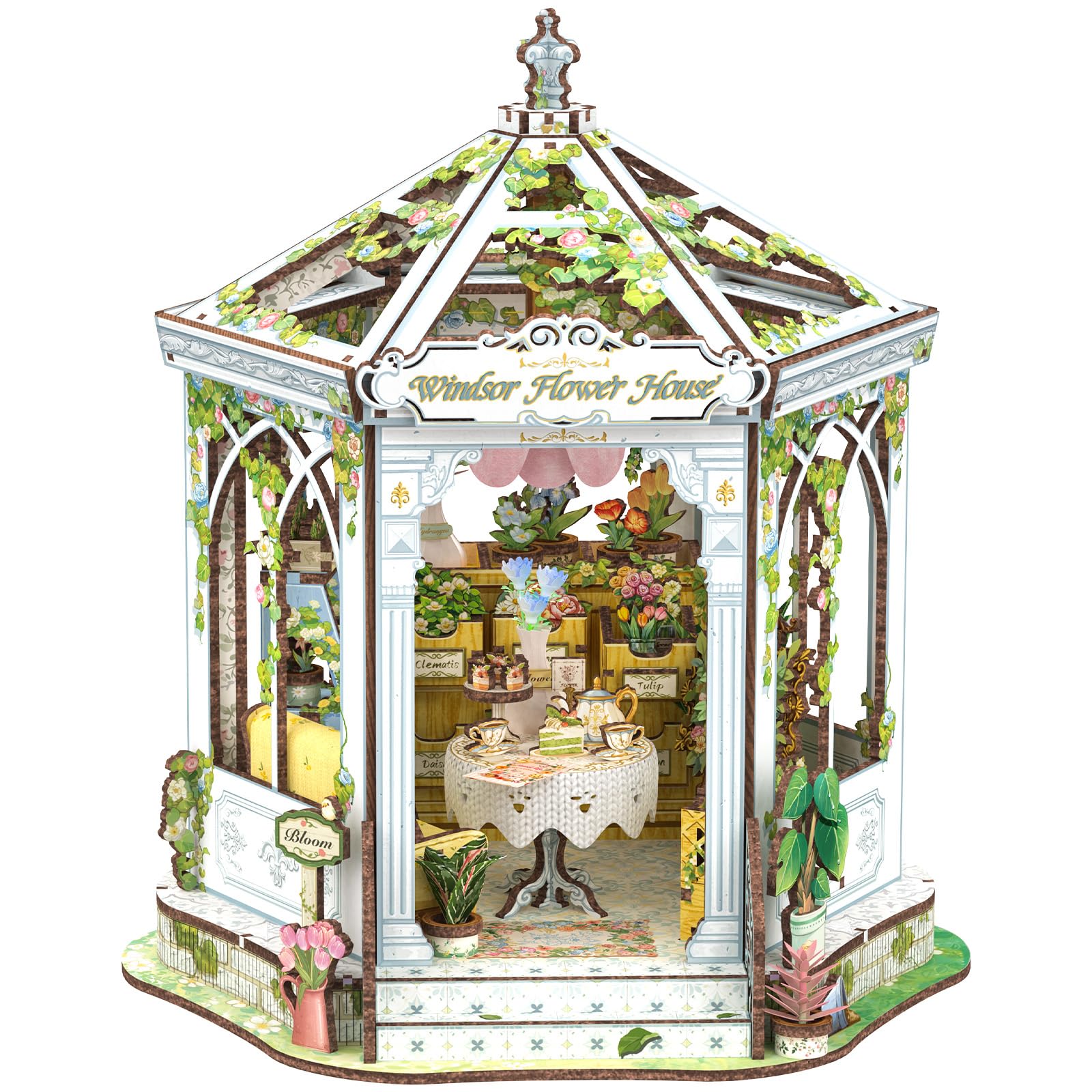 Cutefun DIY Miniature House - Casa delle bambole in legno - Libreria booknook in miniatura per casa delle bambole, con luci a LED decorazione per libreria, The for the lady (Windsor Flower House)