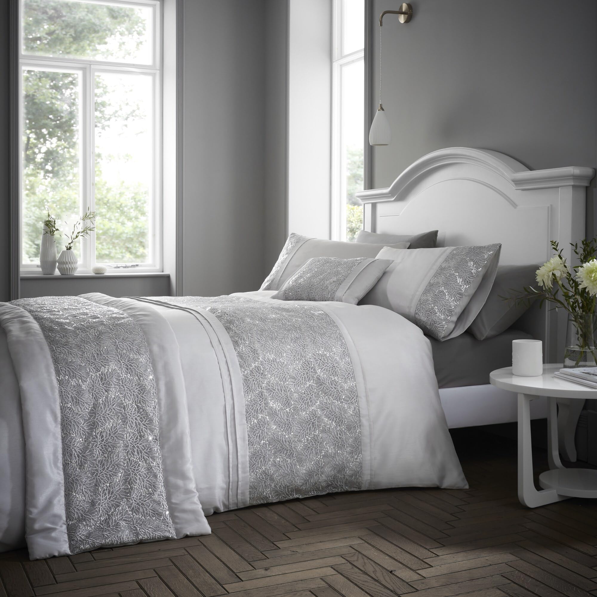 Portfolio Home Rouen Embellished Sequens Geometric Silver Super King Soft Easy Care Bed Linen Bedding Duvet Cover Quilt Set With Pillow Cases