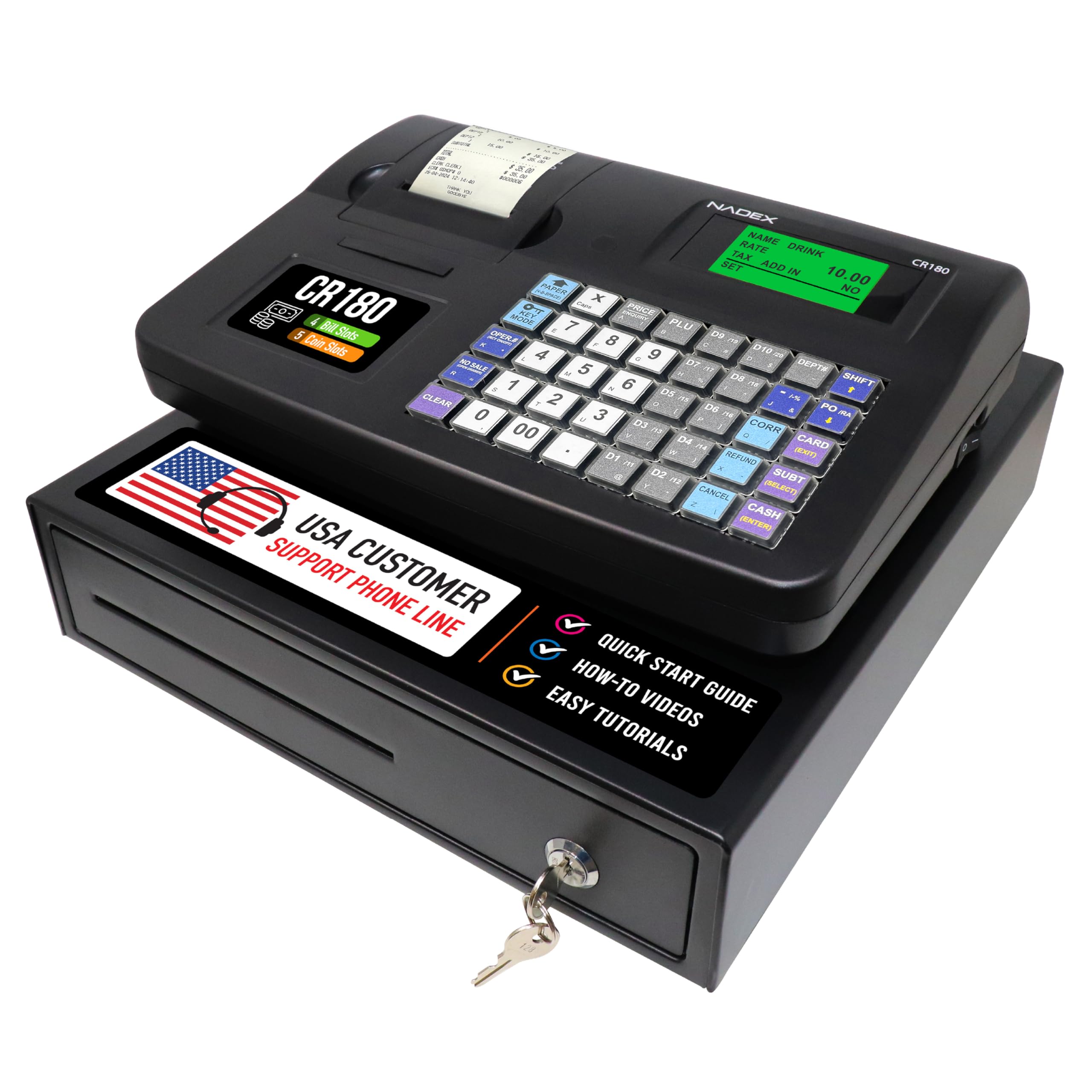 Nadex CR180 Caisse enregistreuse, 6800 recherches de prix, 60 compartiments, tiroir de monnaie et de monnaie, noir