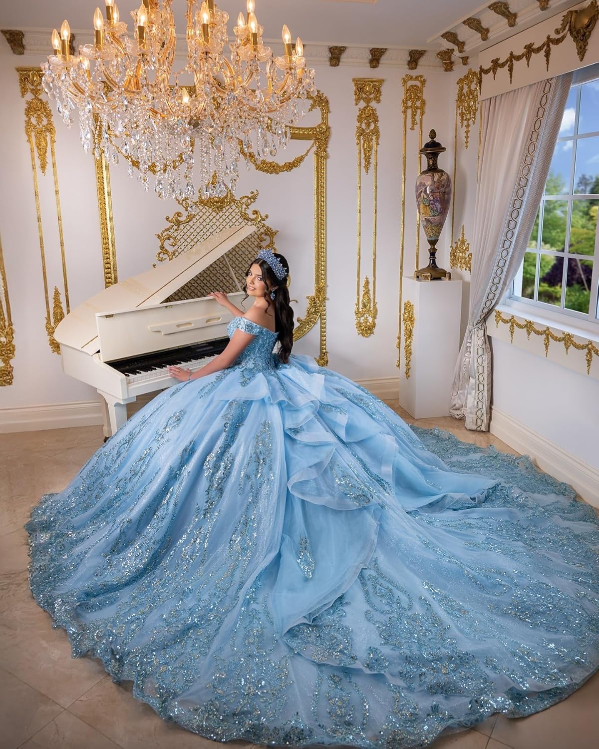 Zhangyo Off Shoulder Quinceanera Dresses with Train Ruffle Tulle Sweet 15 16 Dresses Sparkly Lace Ball Gown - Image 3