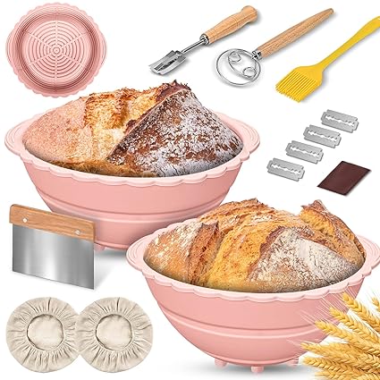 2Pack Banneton Bread Proofing Basket,Silicone Sourdough Bread Baking Basket,9 Inch Collapsible Proofing Bowl Supplies Set Tool Sourdoughs Kit,Foldable Sourdough Proofing Baskets for Bread Making-Pink