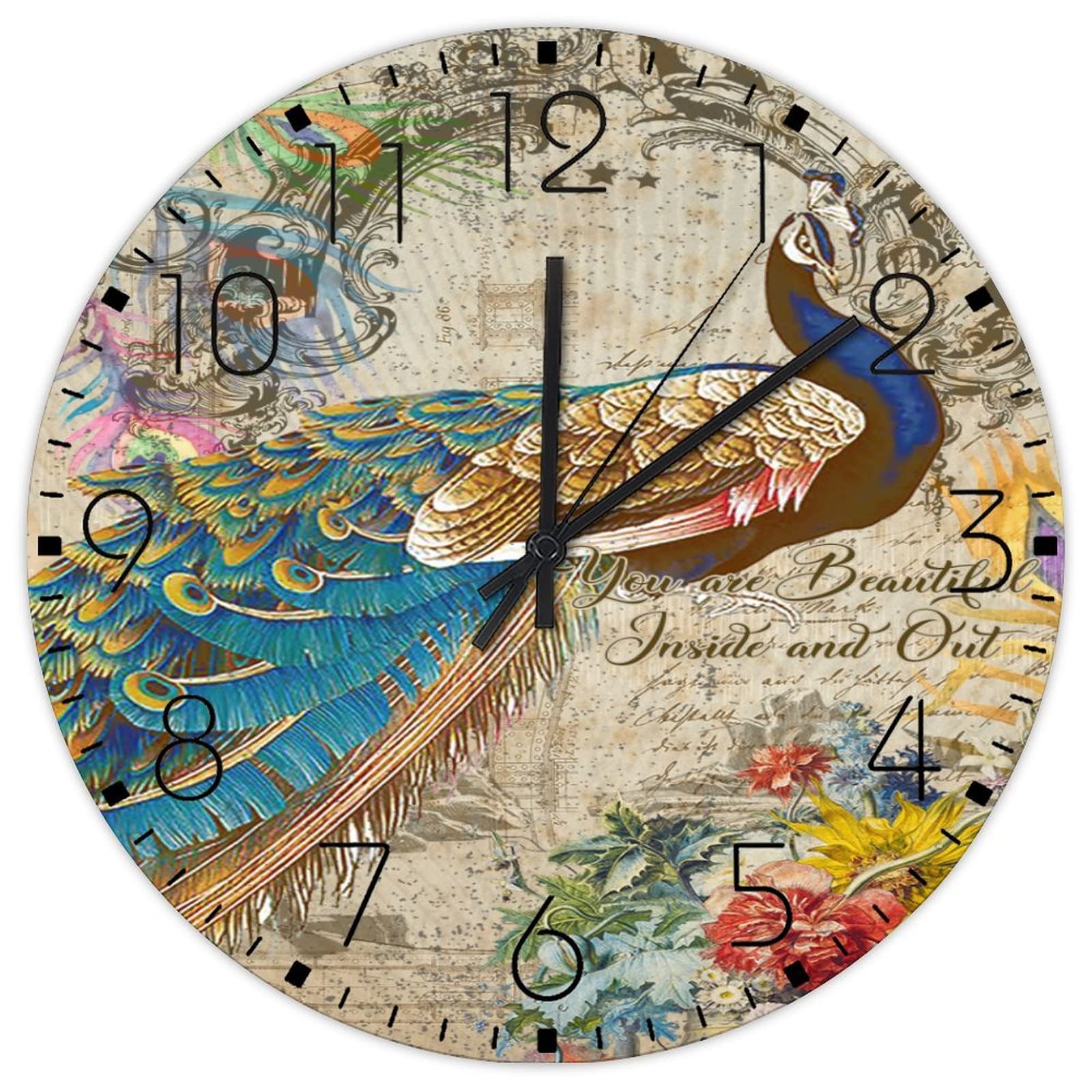 Horloge murale rustique en bois précieux motif paon, artisanat raffiné pour décoration chic