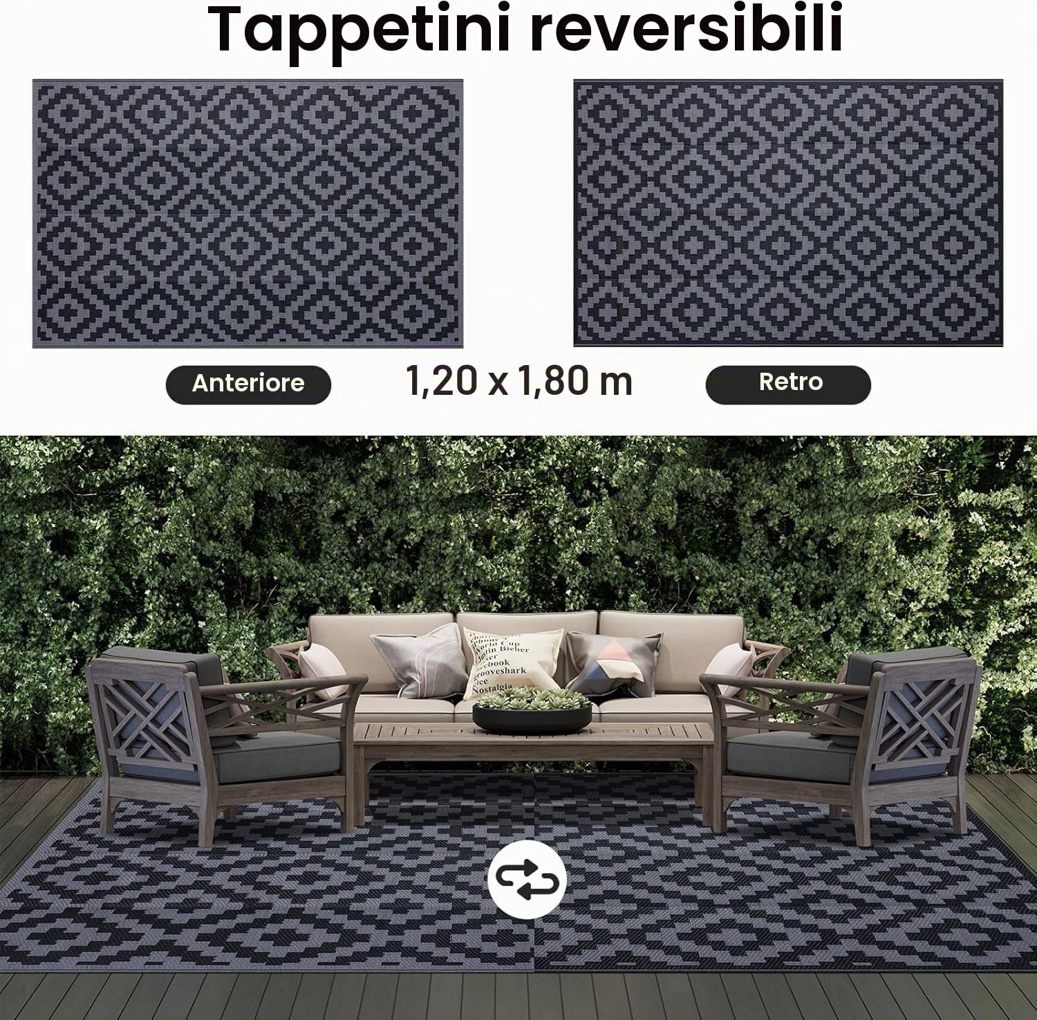 smiry Tappeto da esterno Tappetini da giardino impermeabili Resistente ai raggi UV Tappeto per patio all'aperto Tappetino con cannuccia in plastica reversibile per balcone, campeggio, picnic, giardino